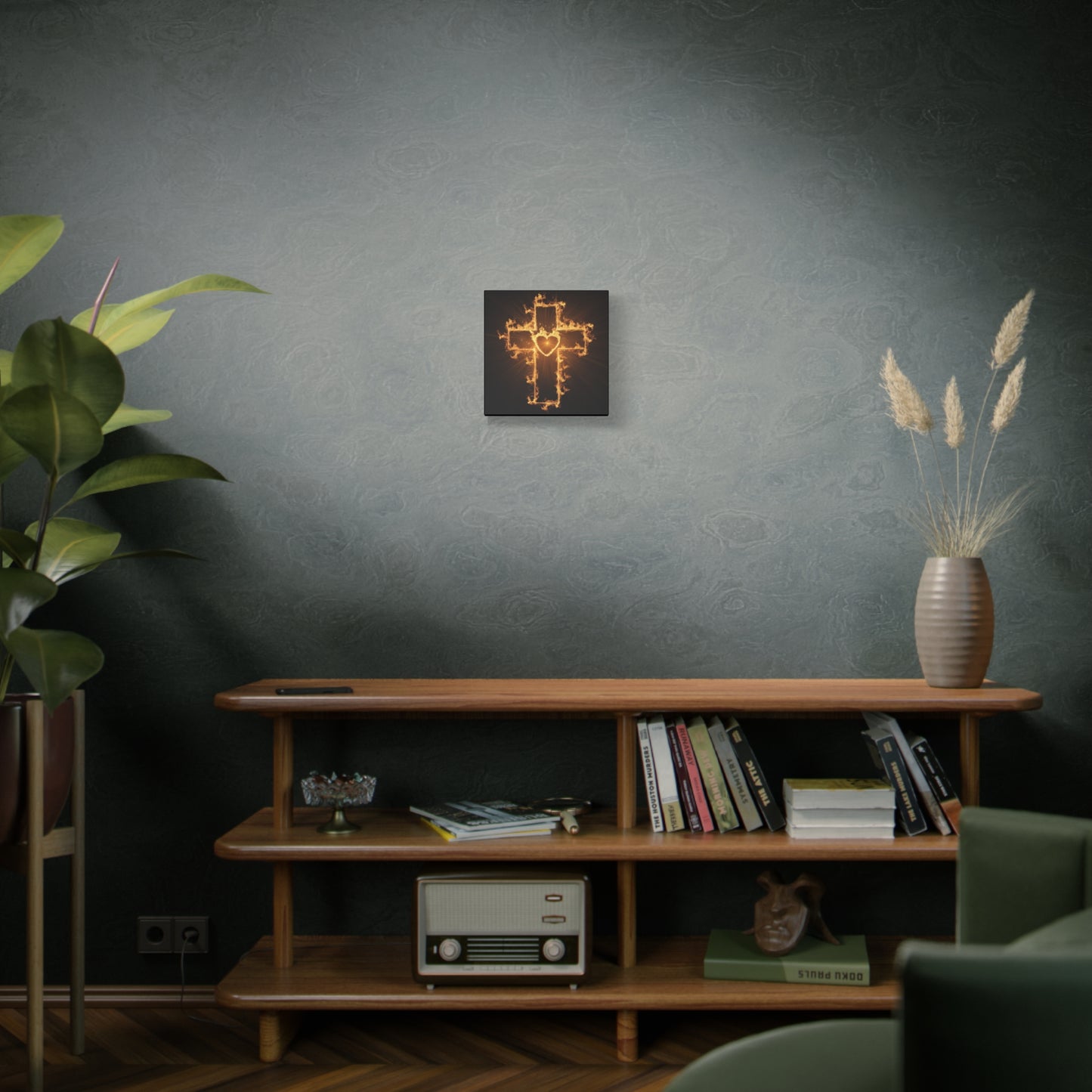 Flaming Heart and Cross Christian Wall Art Canvas