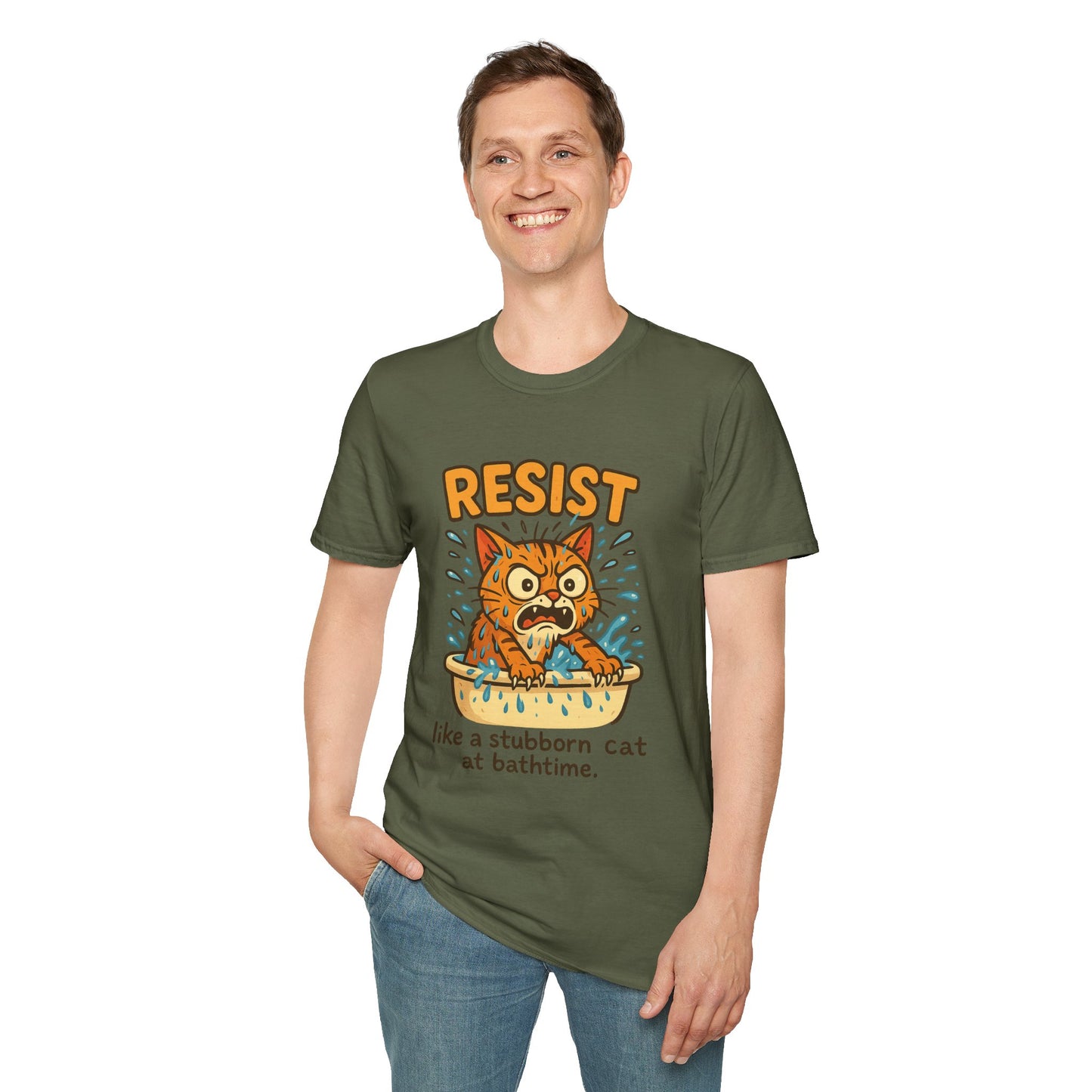 Resist Like A Stubborn Cat At Bathtime Funny Cat Lover Graphic Tee - Quirky Self Care Shirt - Gift For Pet Moms, Dads and Humor Fans