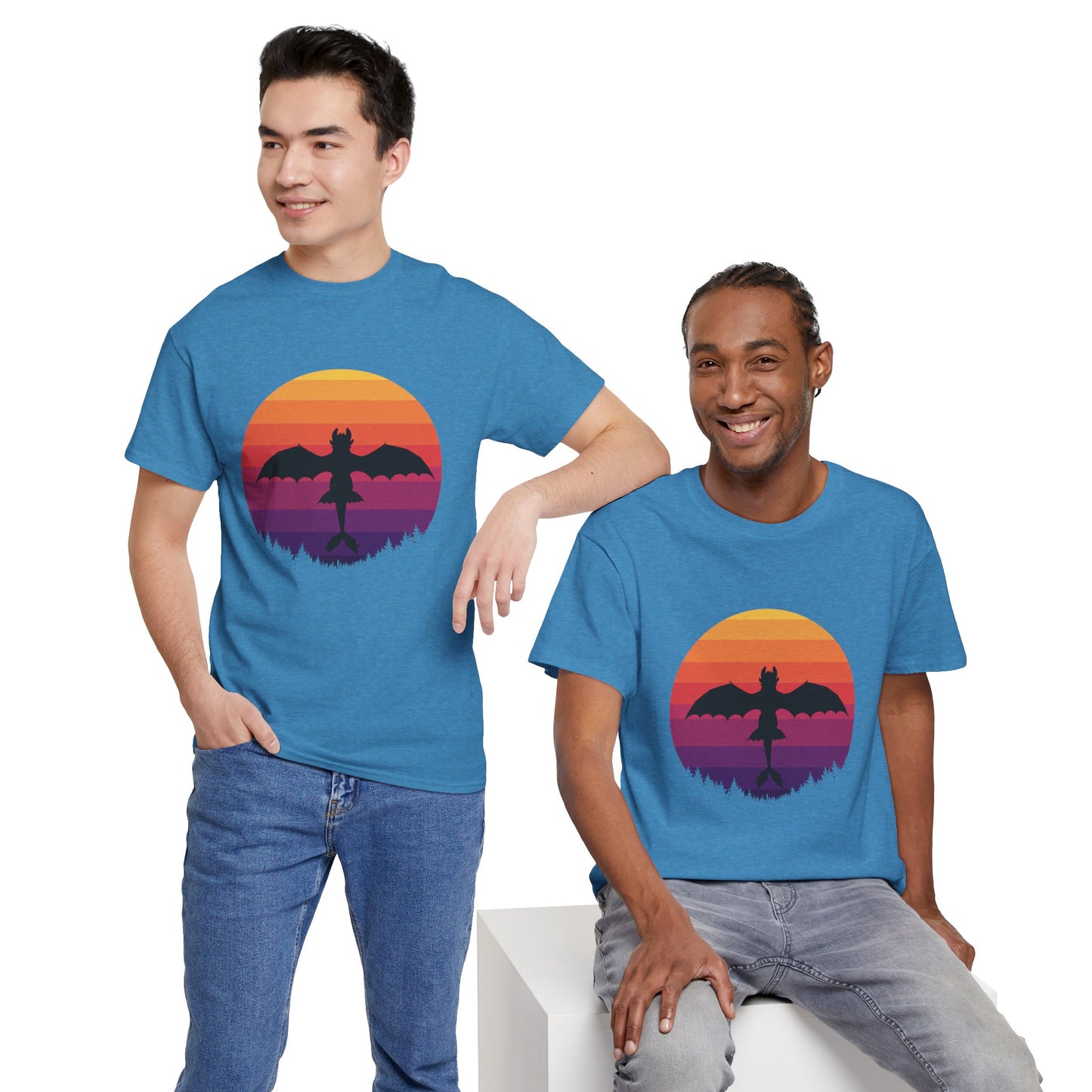 Night Dragon Sunset T-Shirt | Retro Dragon Silhouette Tee | Fantasy Dragon Shirt | Unisex Graphic Tee | Gift for Dragon Lovers