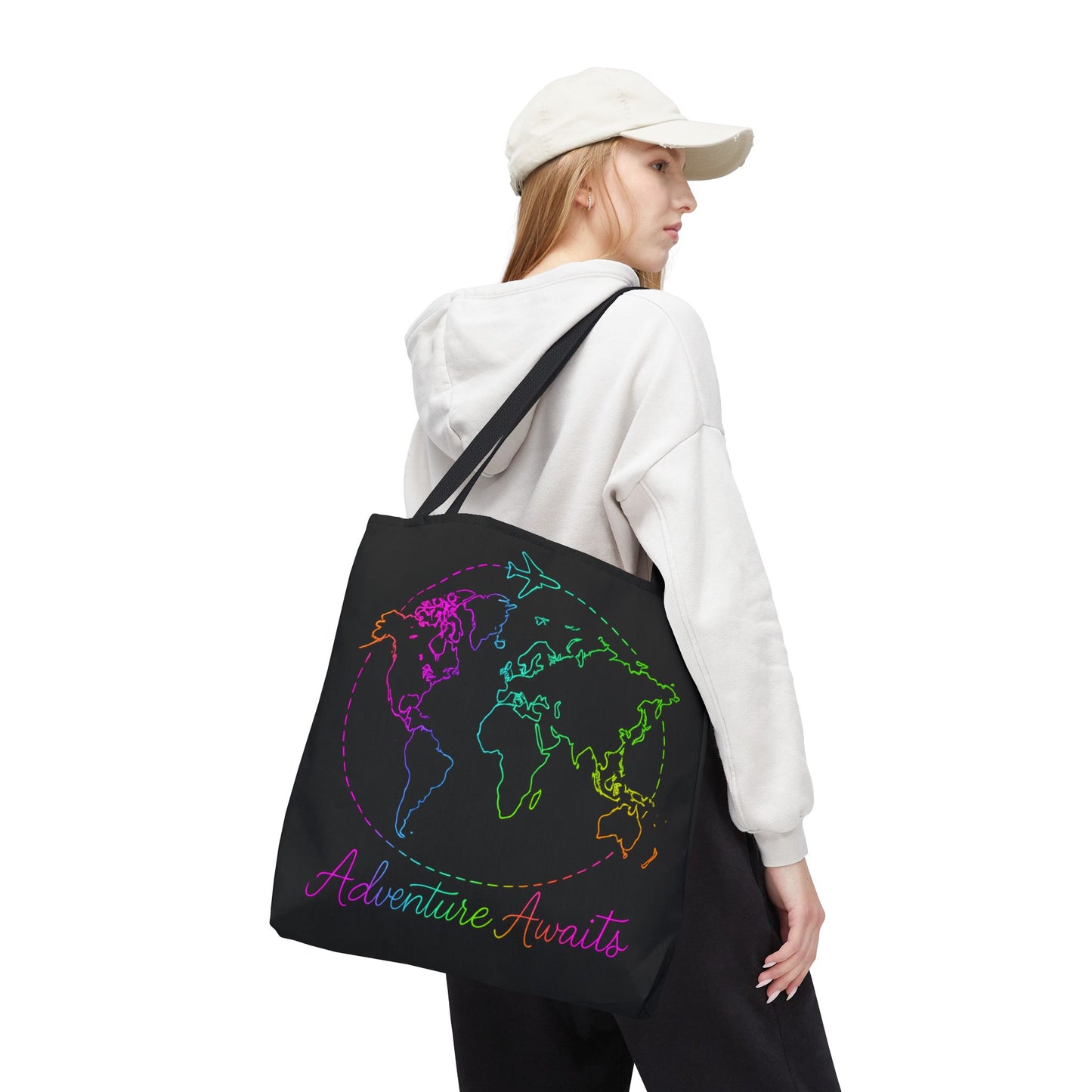 Adventure Awaits Neon Tote Bag - Y2K Rainbow World Map and Plane Travel Tote, Reusable Canvas Tote for Airport, Beach, Market + Gift