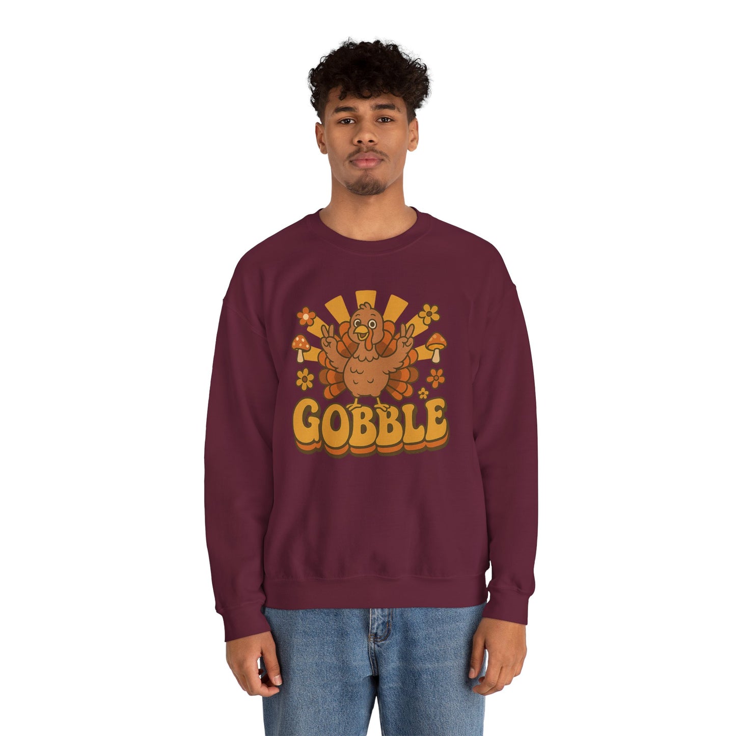 Gobble Turkey Sweatshirt, Retro Fall Turkey Crewneck, Thanksgiving Graphic Pullover, Autumn Mushroom & Flower Design, Cozy Fall Top