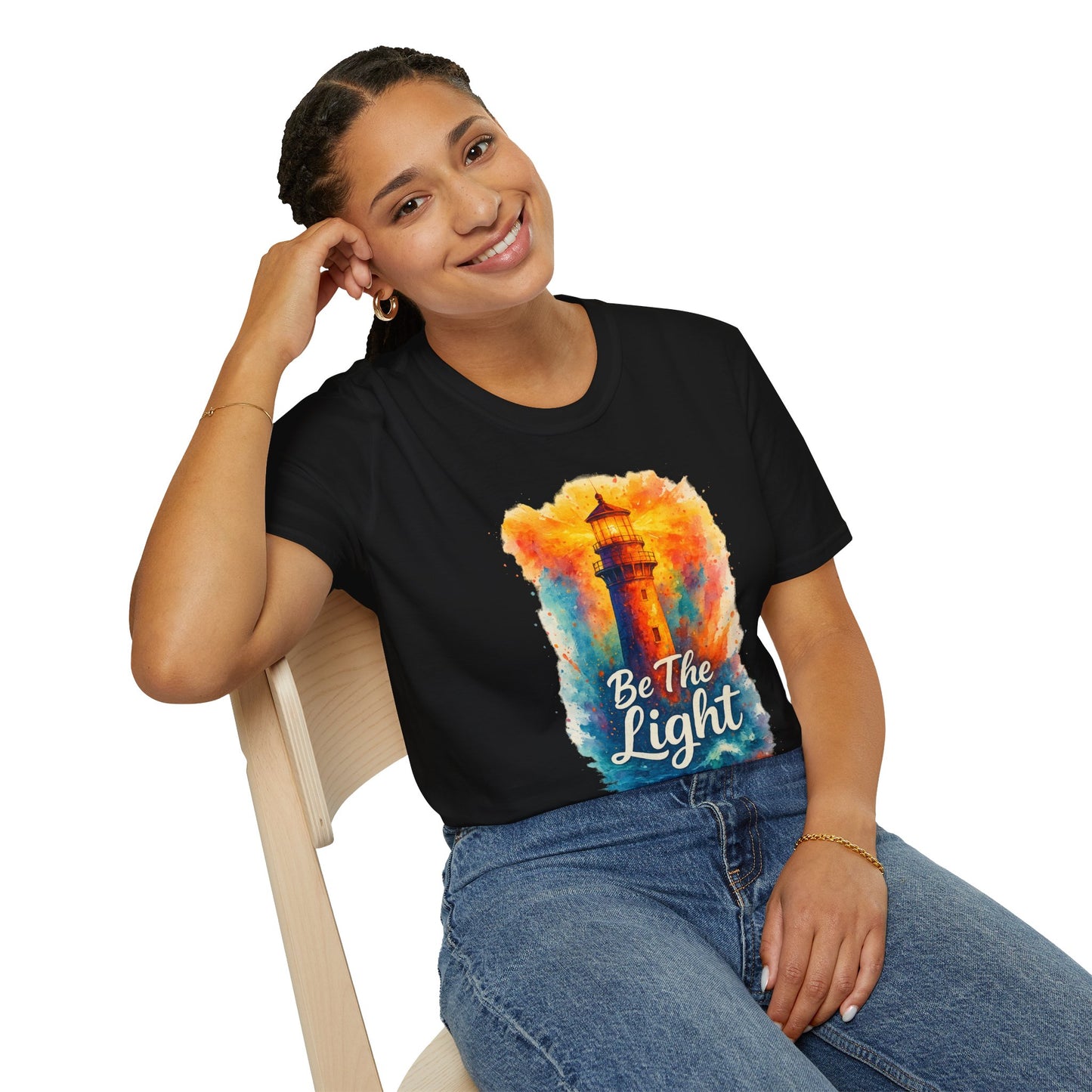 Be The Light Lighthouse T-Shirt | Inspirational Spiritual Tee | Coastal Nautical Gift for Her and Him | Unisex Softstyle Graphic Tee