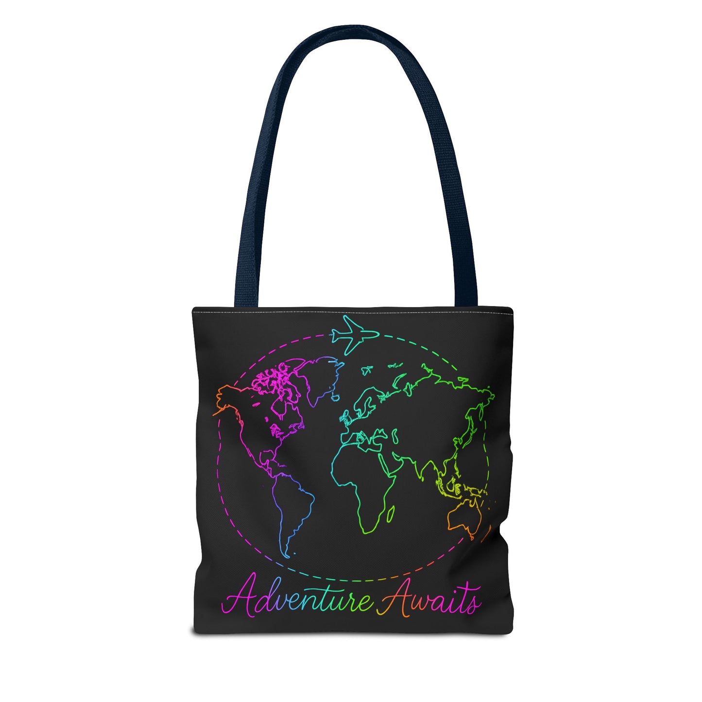 Adventure Awaits Neon Tote Bag - Y2K Rainbow World Map and Plane Travel Tote, Reusable Canvas Tote for Airport, Beach, Market + Gift
