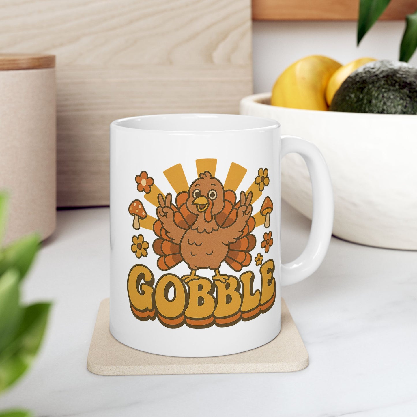 Retro Gobble Thanksgiving Mug, Cute Turkey Coffee Cup With 70s Fall Design, Funny Autumn Ceramic Mug For Holiday Decor And Festive Gifts