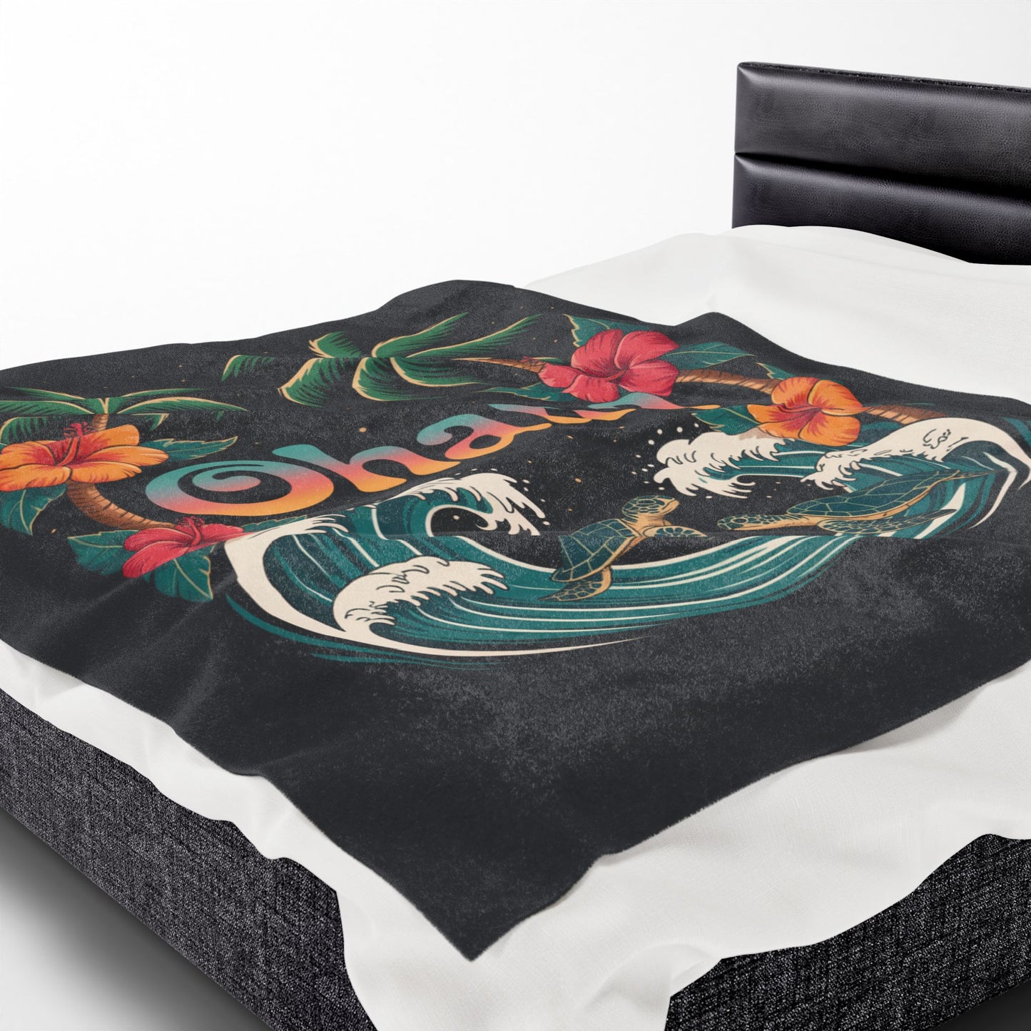 Ohana Hawaiian Turtle Blanket - Tropical Beach Throw with Palm Trees & Hibiscus - Cozy Coastal Decor Gift - Soft Summer Bed Blanket