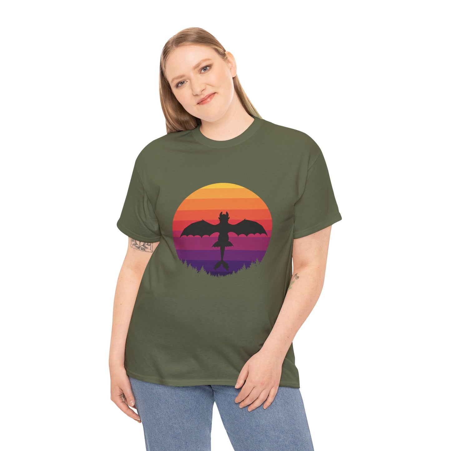 Night Dragon Sunset T-Shirt | Retro Dragon Silhouette Tee | Fantasy Dragon Shirt | Unisex Graphic Tee | Gift for Dragon Lovers