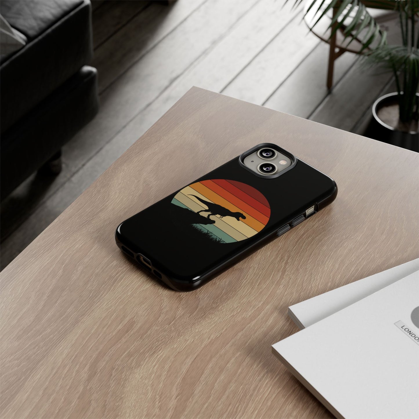 Retro Sunset Dinosaur iPhone Case | T‑Rex Silhouette Vintage Phone Cover for iPhone 14/15/16 Pro | Aesthetic Dinosaur Gift