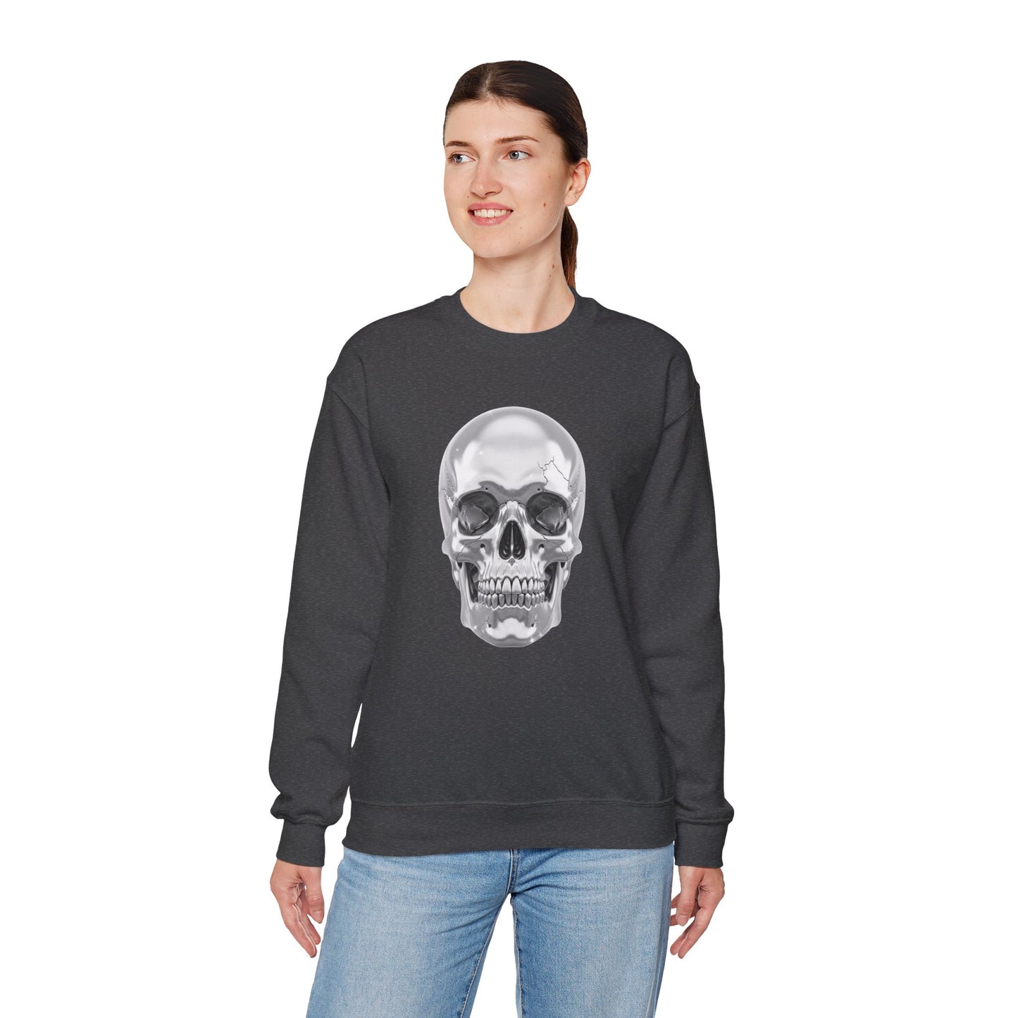 Silver Skull Sweatshirt, Gothic Skull Crewneck, Retro Skull Sweatshirt, Vintage Skull Graphic, Halloween Rock Pullover