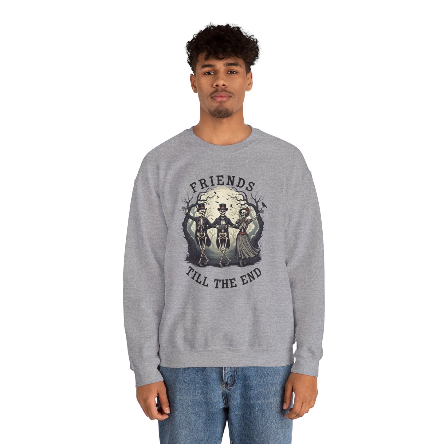 Friends Till The End Skeleton Sweatshirt | Dancing Skeletons Halloween Crewneck | Spooky Fall Graphic Pullover Gift for Bestie