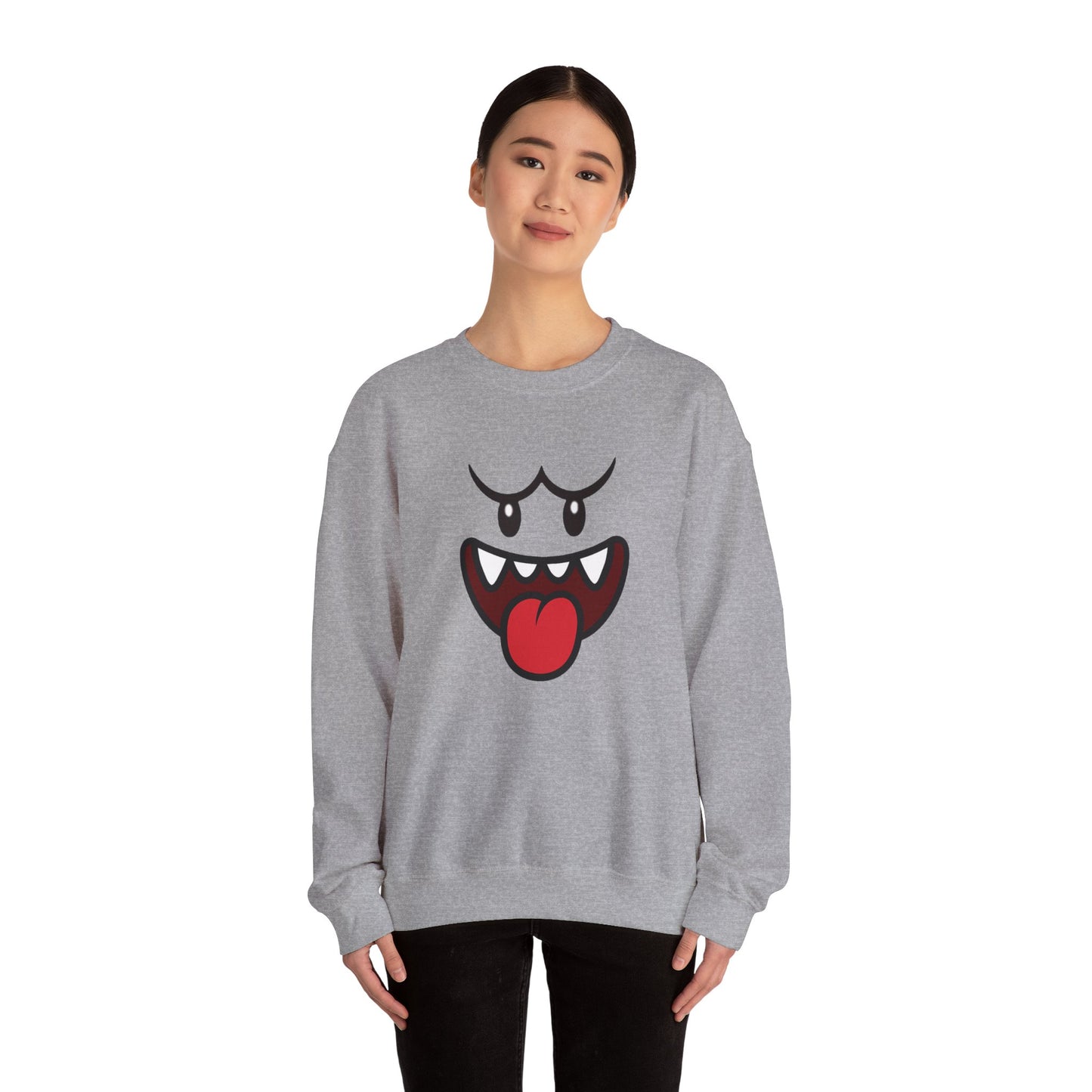 Spooky Grin Sweatshirt, Cartoon Ghost Face Crewneck, Halloween Grinning Ghost Sweatshirt, Cute Monster Smile Pullover, Spooky Season Graphic Sweat