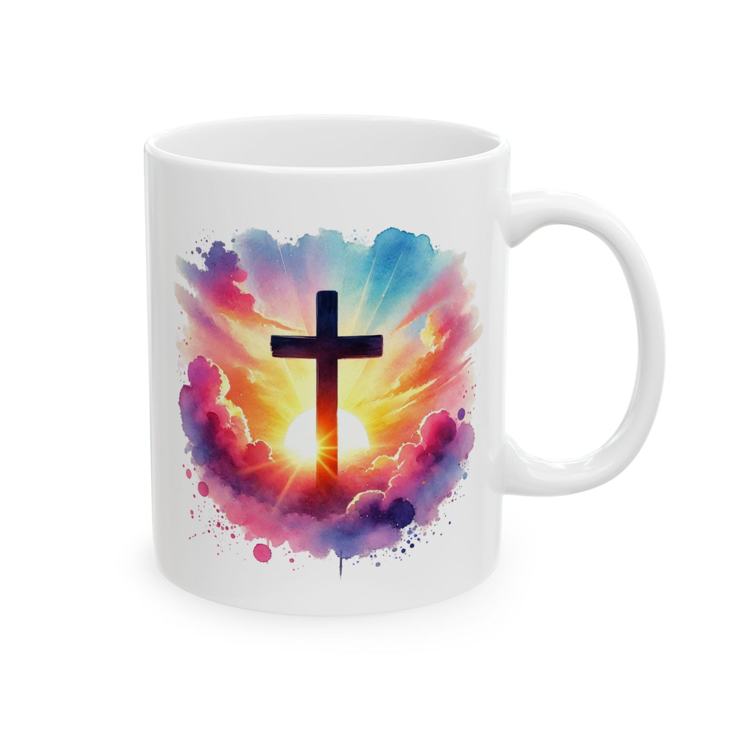 Christian Cross Sunrise Mug – Inspirational Faith Coffee Cup with Colorful Sky & Clouds, Religious Gift, Dishwasher Safe Prayer Mug