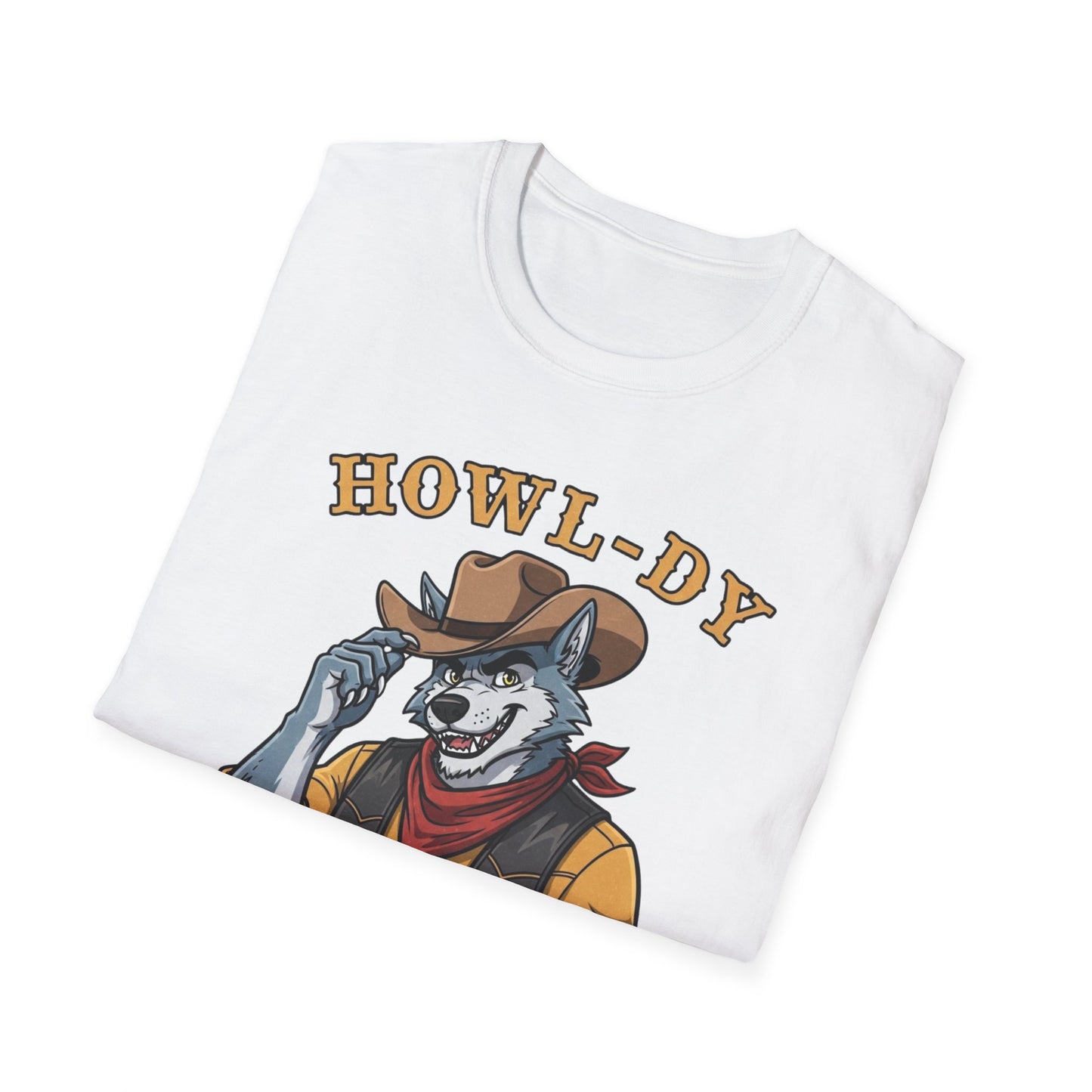 Howl-dy Partner Wolf Cowboy T-Shirt | Western Howling Wolf Graphic Tee, Funny Animal Shirt, Cowboy Gifts, Rustic Country Tee