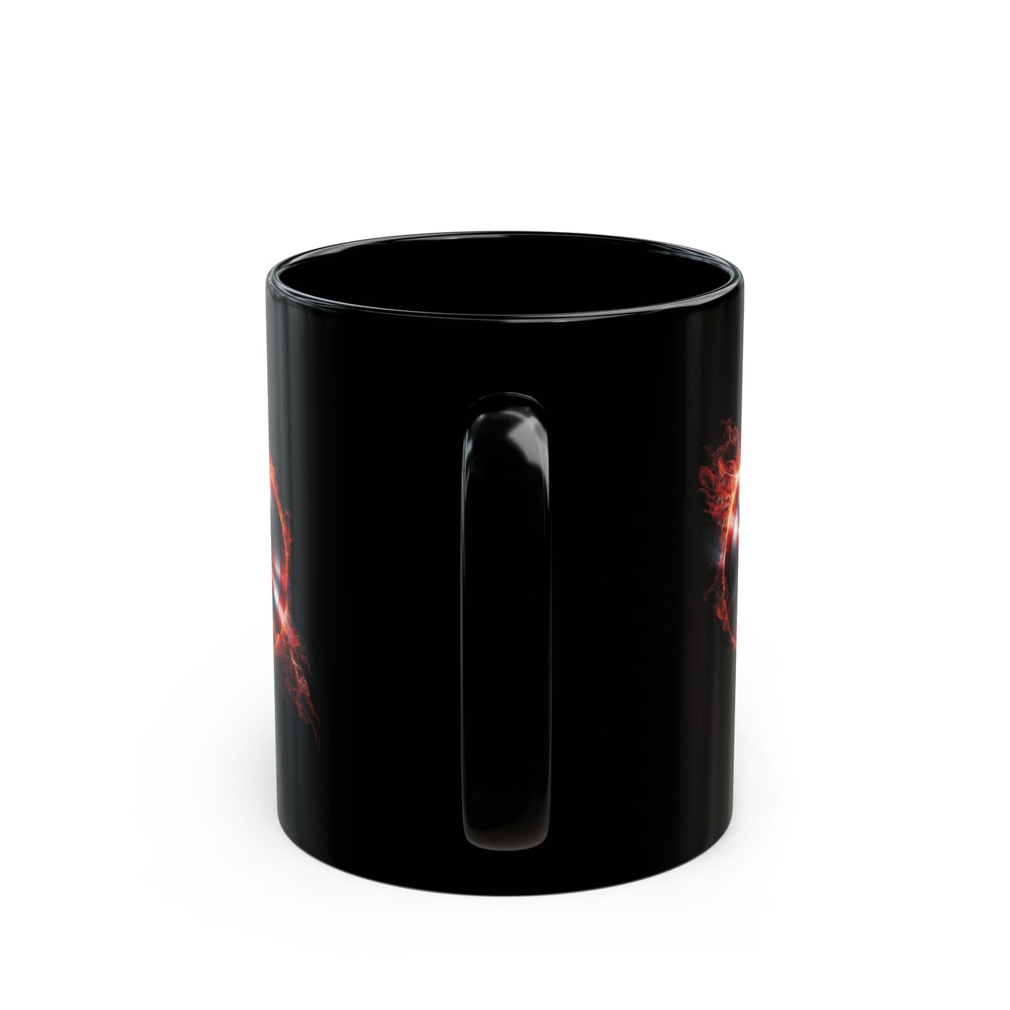 Flaming Shield Emblem Mug - Fiery Red White Blue Star Coffee Cup, Metal-Inspired Symbol Design, Bold Hero Vibes Gift for Fans and Coffee Lovers
