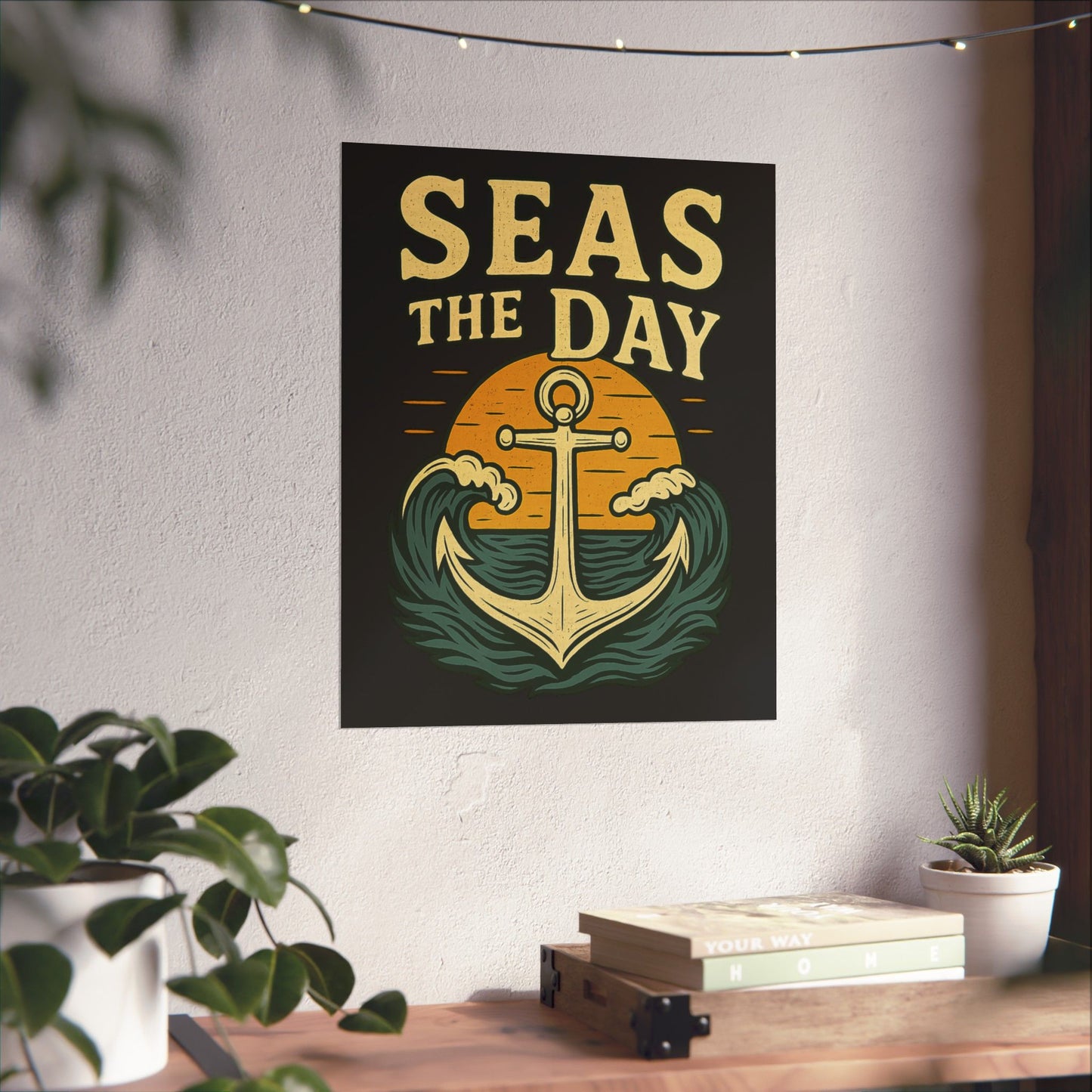 Poster - Seas the Day Anchor Sunset Design Nautical Decor Inspirational Reminder Beach Decoration