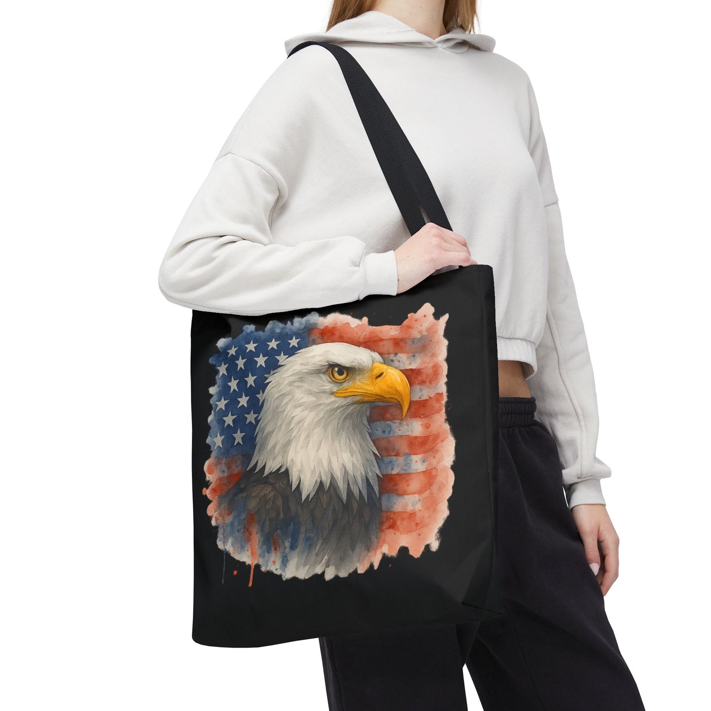 Patriotic Tote Bag with American Flag and Bald Eagle Watercolor Print 4th of July Bag Memorial Day Tote Veteran's Day Tote Bag