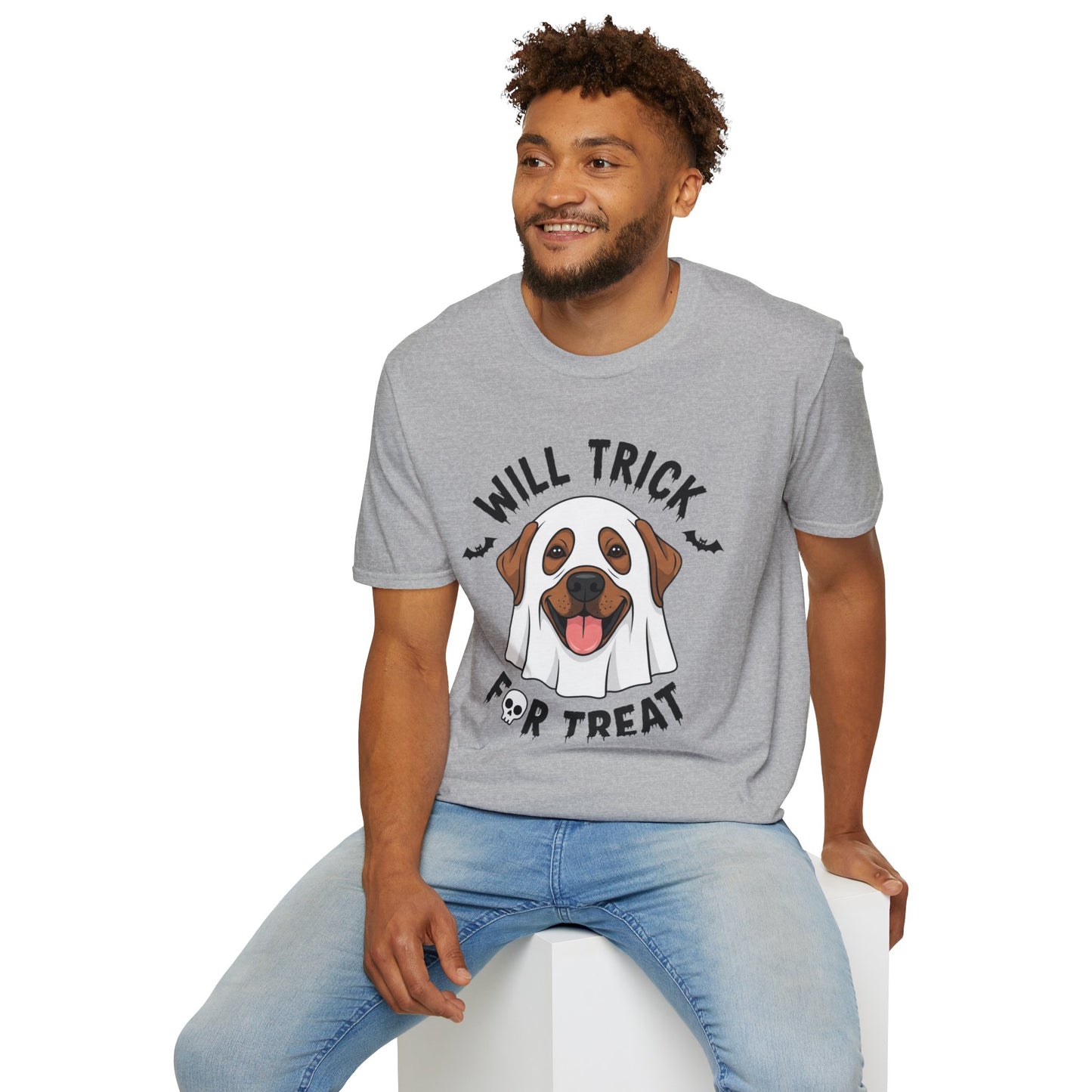 Will Trick for Treat Ghost Dog Halloween T-Shirt | Funny Spooky Dog Tee | Trick or Treat Pup Graphic Tee | Cute Fall Gift for Dog Lovers