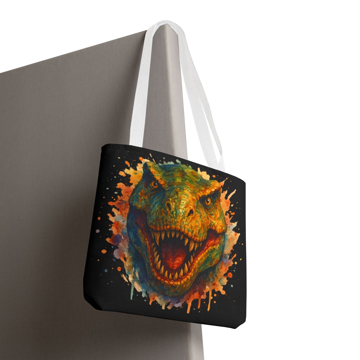 T-Rex Watercolor Tote Bag - 100% Polyester Canvas, Vibrant Dinosaur Art Bag, Reusable Beach-Market Tote, Dino Lover Gift, Bold Style