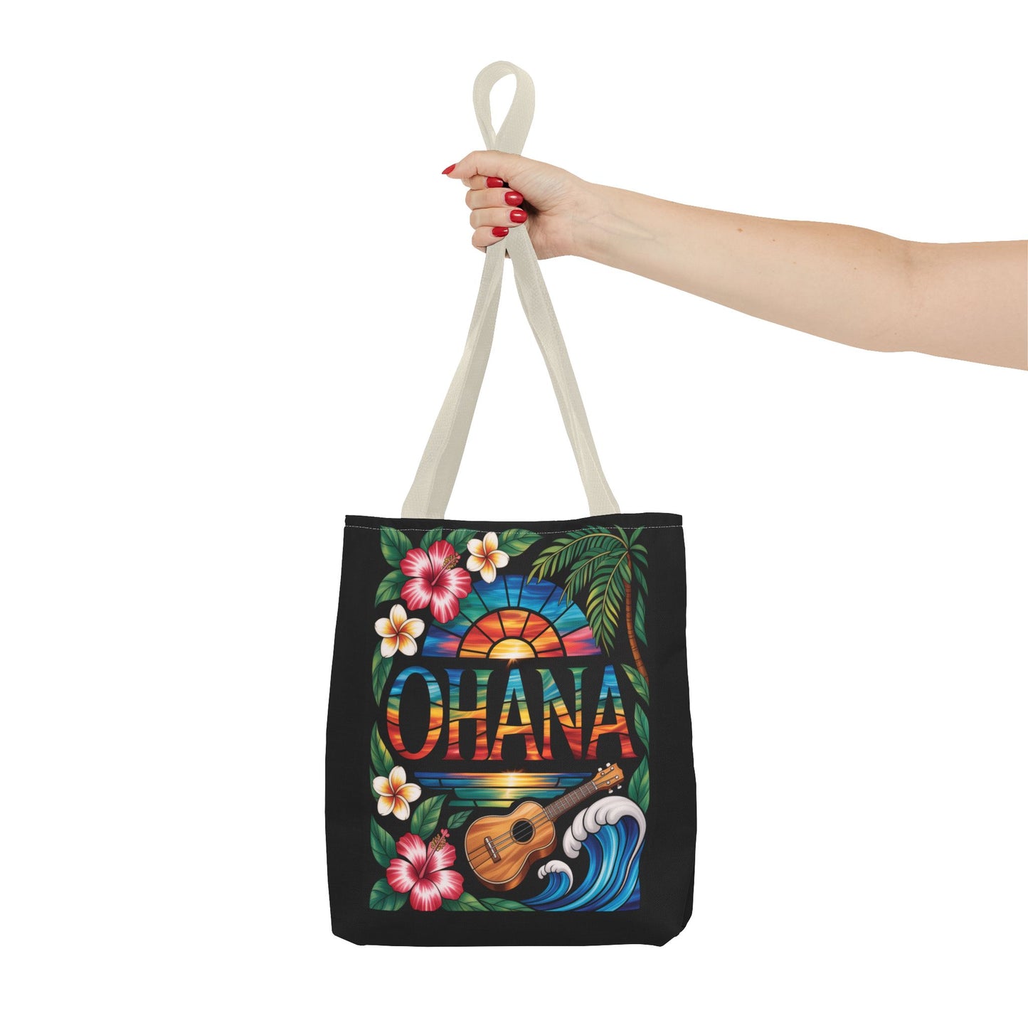 Ohana Tote Bag – Hawaiian Tropical Beach Bag with Ukulele, Sunset & Hibiscus Flowers, Island Gift for Women, Aloha Family Vibes