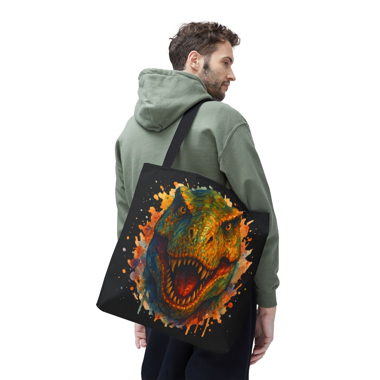 T-Rex Watercolor Tote Bag - 100% Polyester Canvas, Vibrant Dinosaur Art Bag, Reusable Beach-Market Tote, Dino Lover Gift, Bold Style