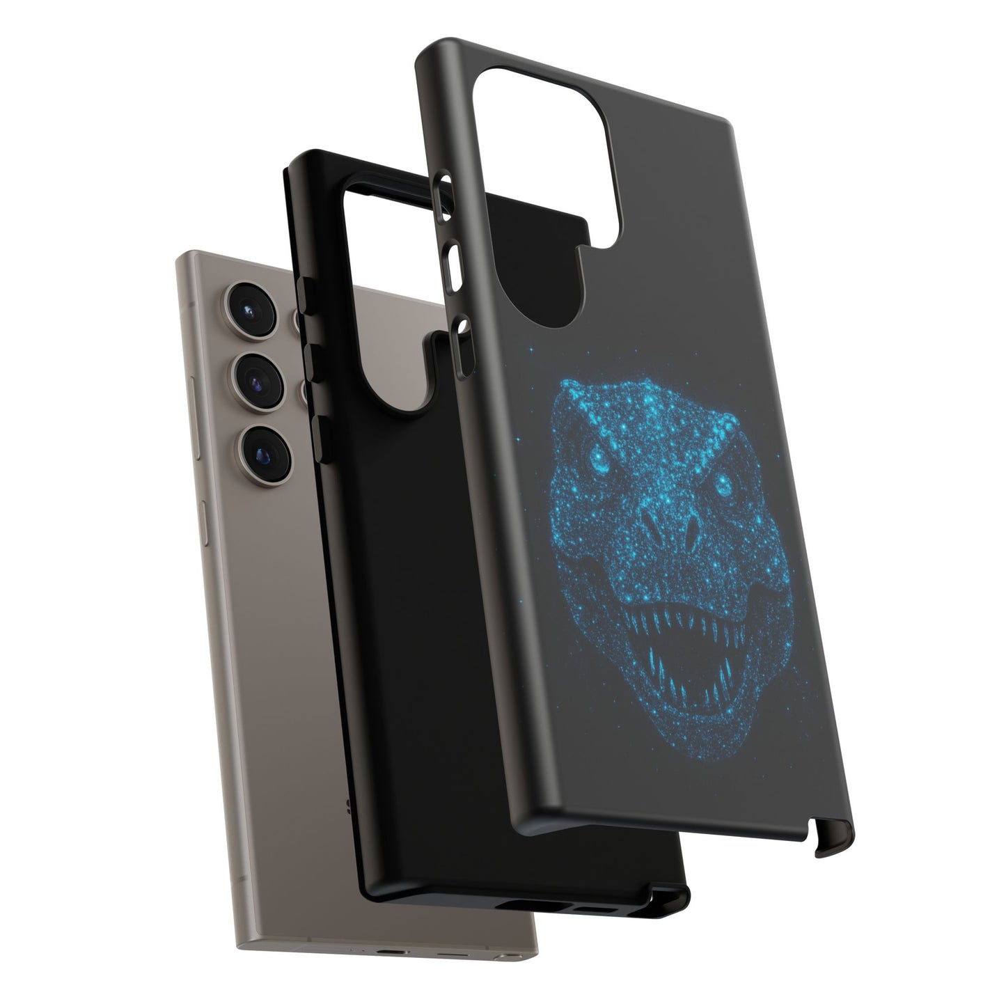 Bioluminescent T-Rex Samsung Case - Galaxy Tough Dual-Layer Cover, Cosmic Dino Particle Design, S25 S24 S23 Gift