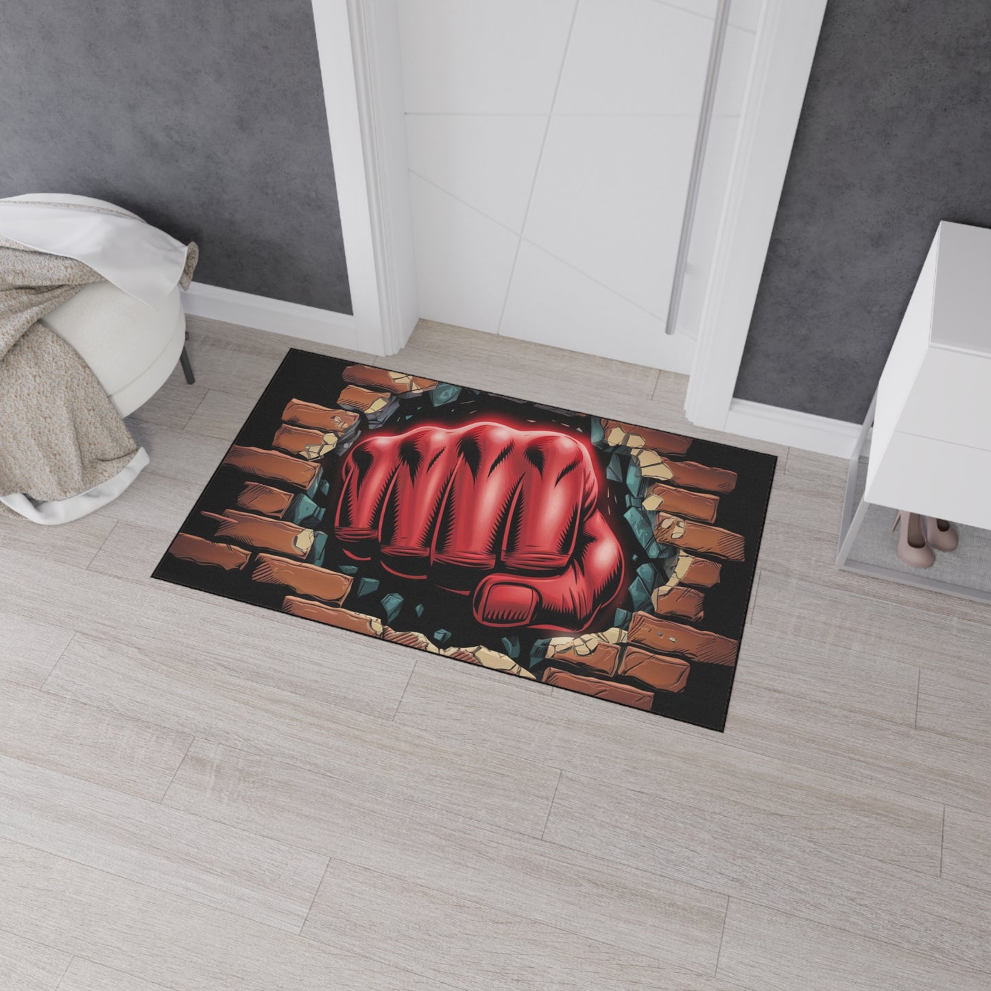 Floor Mat - Fun Red Fist Smashing Through Wall Design