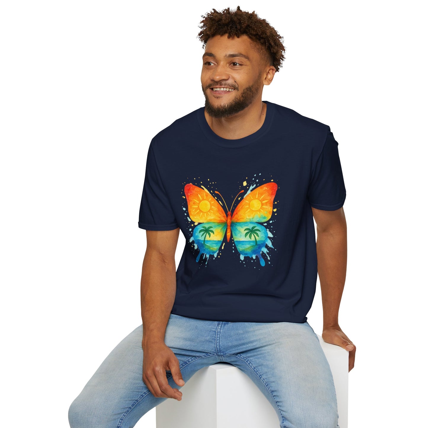 Butterfly Sunset Beach Tee - Ocean & Palm Watercolor Butterfly T-Shirt, Coastal Boho Graphic, Nature Lover Gift, Unisex Casual Tee
