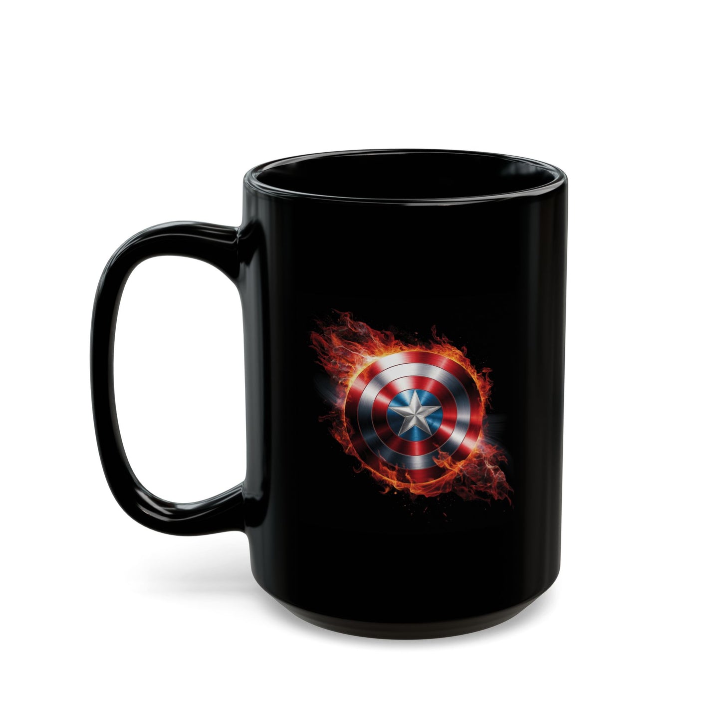 Flaming Shield Emblem Mug - Fiery Red White Blue Star Coffee Cup, Metal-Inspired Symbol Design, Bold Hero Vibes Gift for Fans and Coffee Lovers