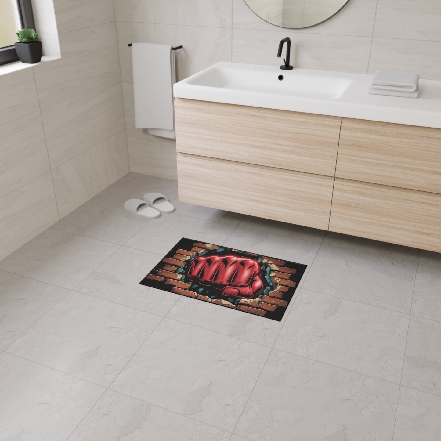 Floor Mat - Fun Red Fist Smashing Through Wall Design