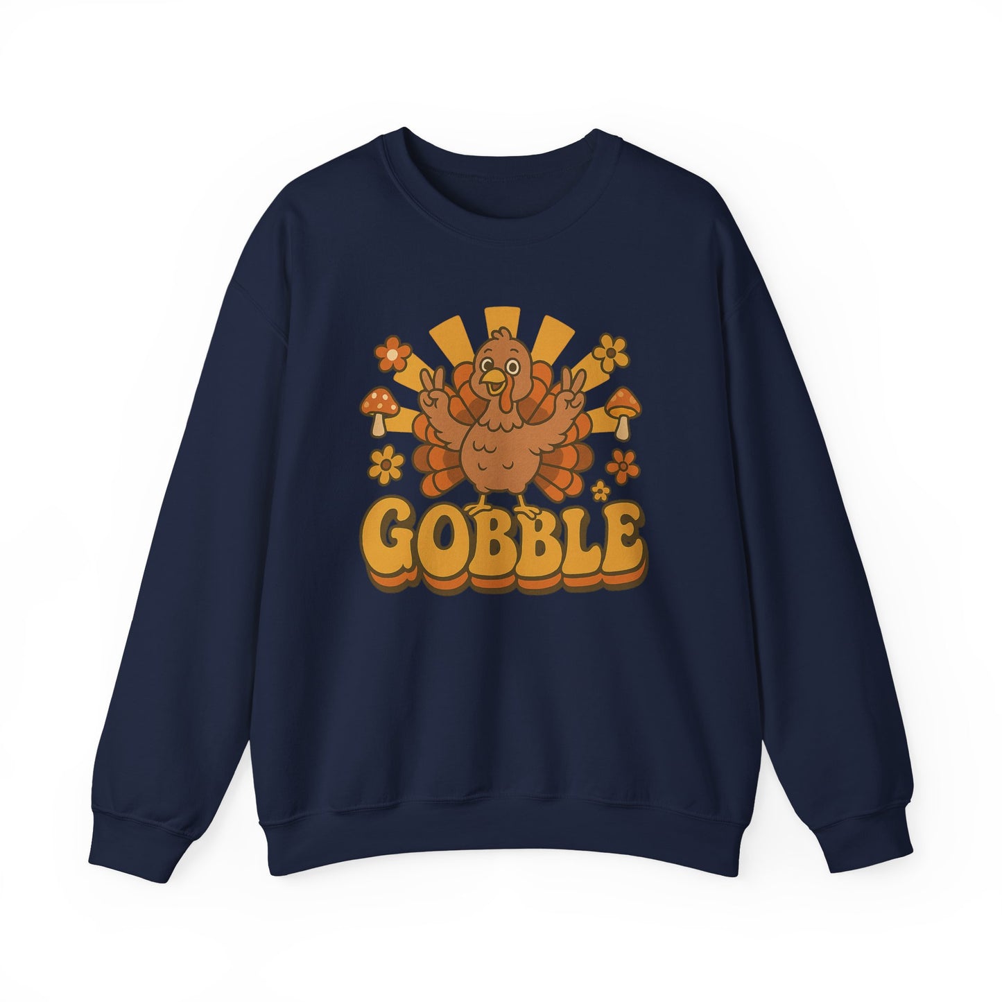 Gobble Turkey Sweatshirt, Retro Fall Turkey Crewneck, Thanksgiving Graphic Pullover, Autumn Mushroom & Flower Design, Cozy Fall Top