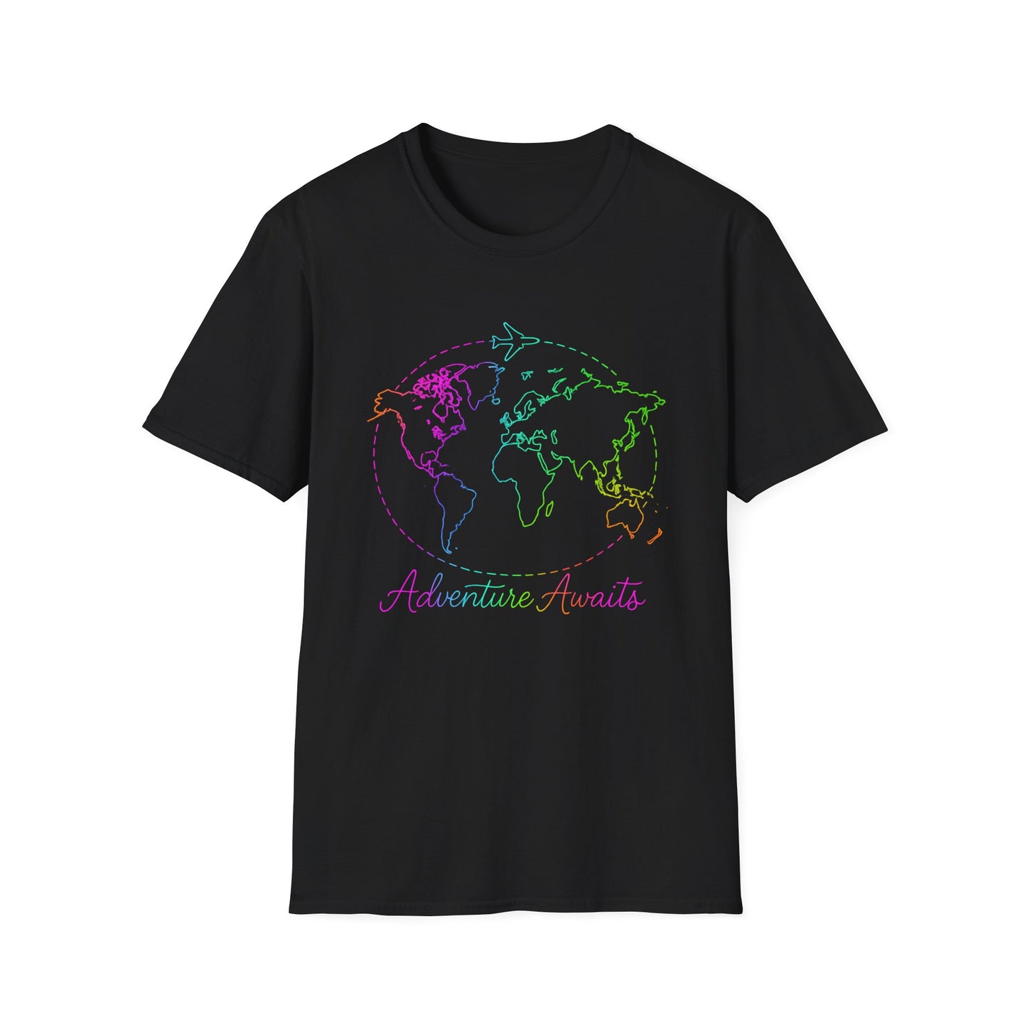 Adventure Awaits Neon Y2K Shirt - Retro Travel Tee, Rainbow Globe Graphic, Aesthetic Vacation Top, Y2K Gift for Travelers