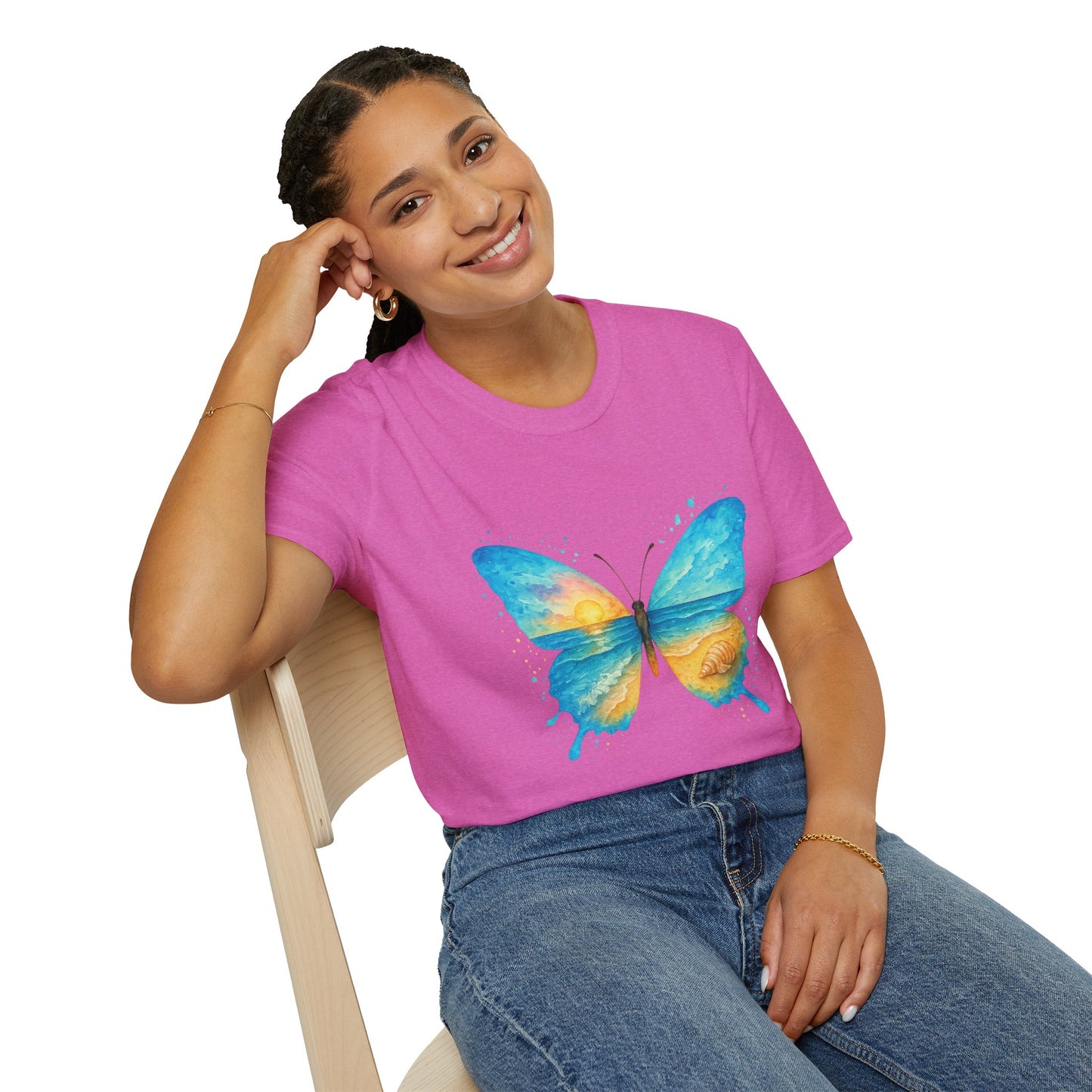 Butterfly Sunset Beach Tee - Scenic Butterfly Graphic Shirt, Nature Lover Gift, Boho Ocean Tee, Unisex Casual T-Shirt
