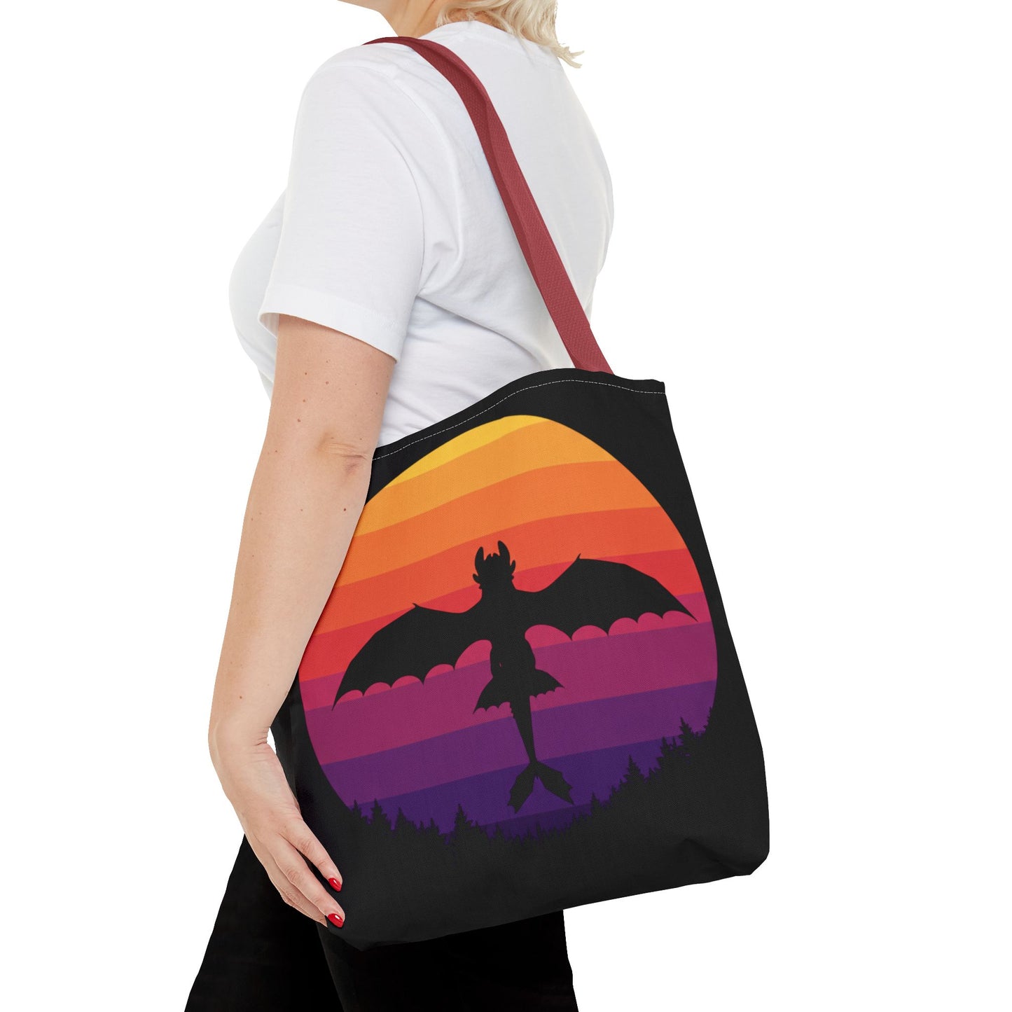 Sunset Dragon Flight Tote Bag, Reusable Eco-Friendly Shoulder Bag With Silhouette Design, Aesthetic Black Tote For Everyday Use And Gifts
