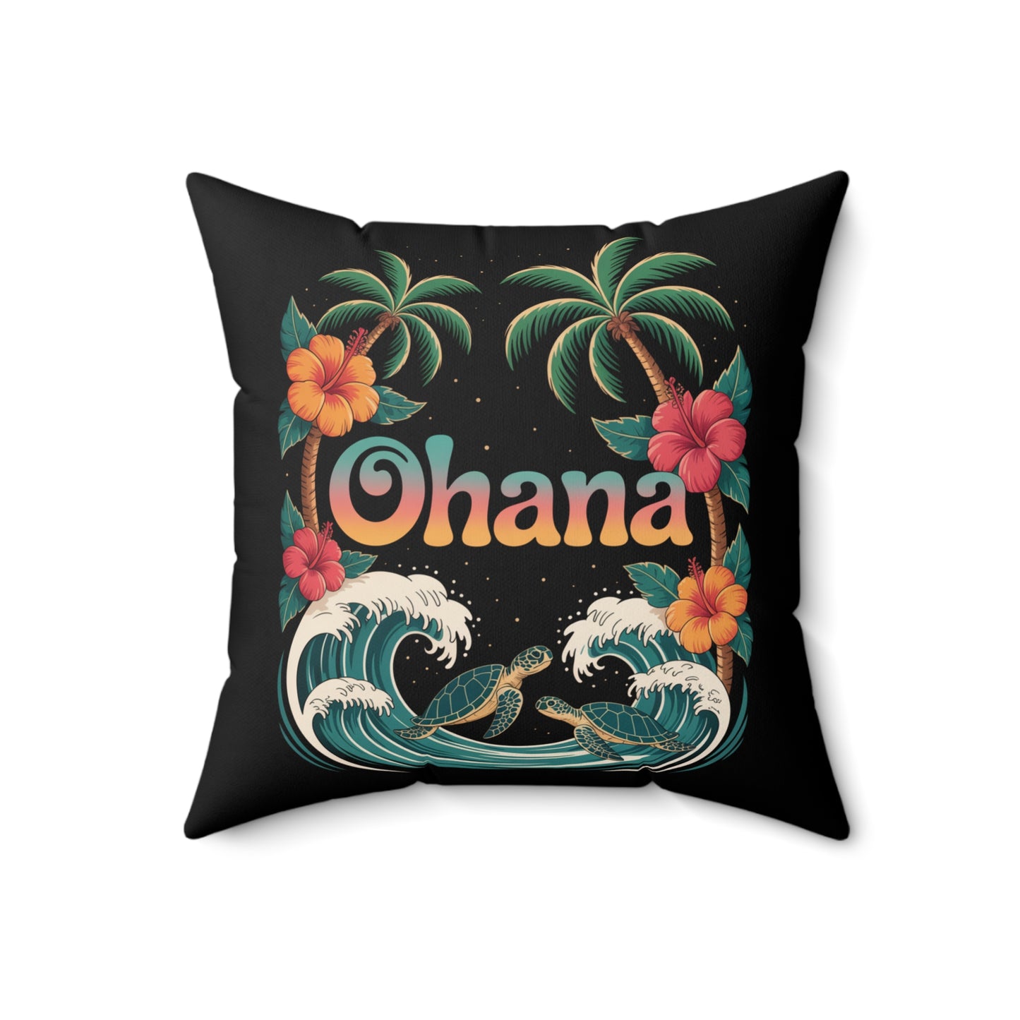 Ohana Pillow Hawaiian Decor | Tropical Throw Pillow with Turtles, Palm Trees & Flowers | Beach Vibes Home Gift Idea