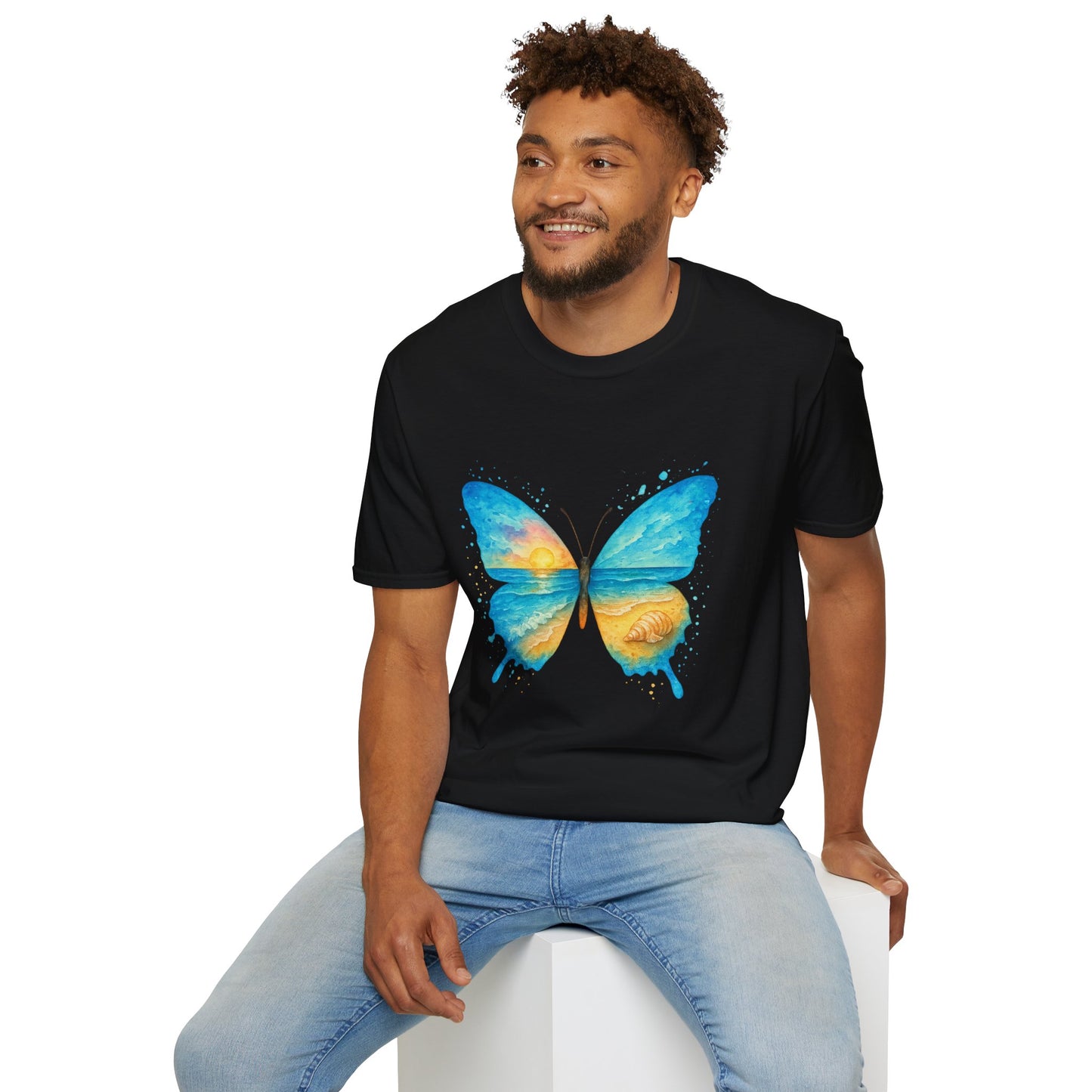Butterfly Sunset Beach Tee - Scenic Butterfly Graphic Shirt, Nature Lover Gift, Boho Ocean Tee, Unisex Casual T-Shirt