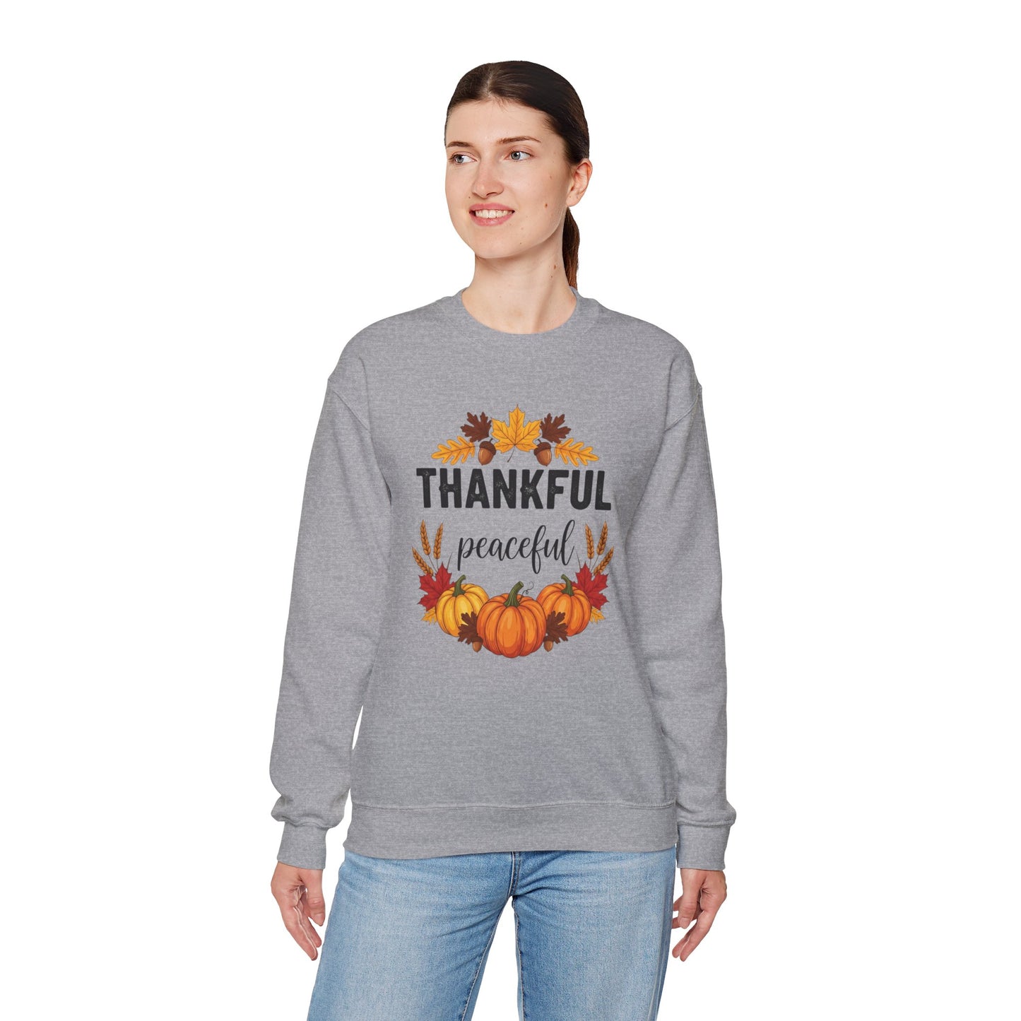 Thankful Peaceful Fall Sweatshirt, Autumn Pumpkin Crewneck, Thanksgiving Sweater, Cozy Seasonal Pullover, Gratitude Gift For Women Men
