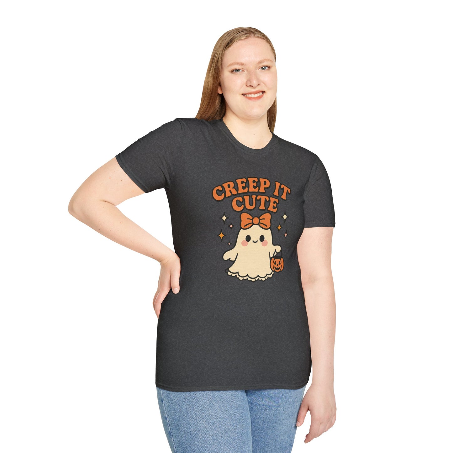 Creep It Cute Ghost Halloween Shirt - Kawaii Ghost Tee with Bow and Pumpkin, Spooky-Cute Fall Graphic T-Shirt, Spooky Season Halloween Top