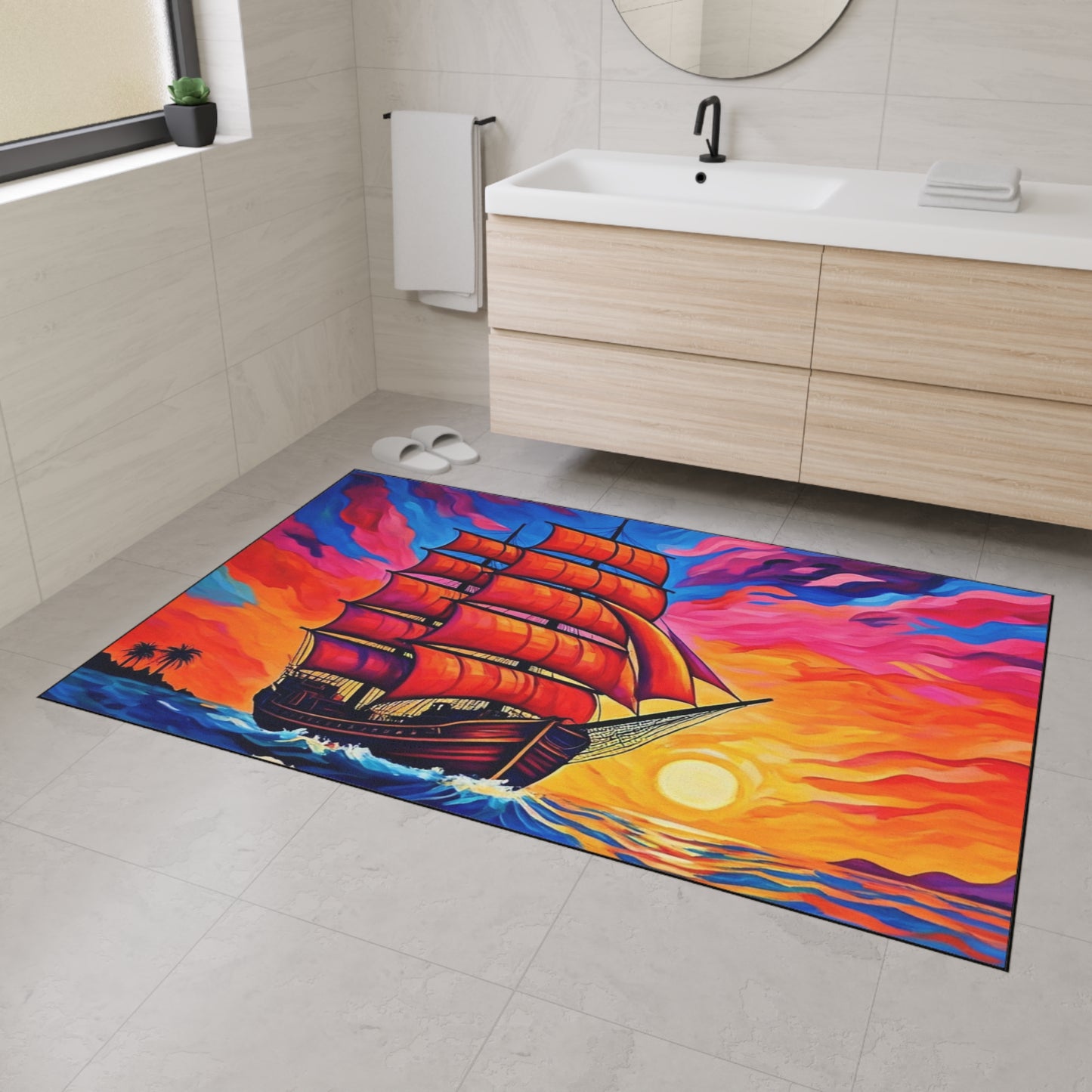 Floor Mat - Ship on Ocean at Sunset Painting