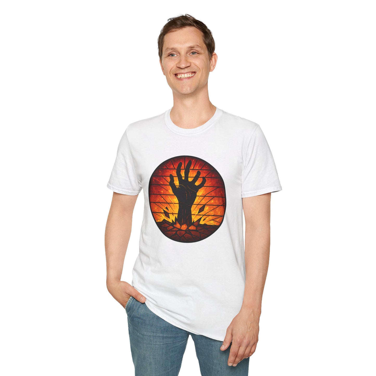 Zombie Hand Sunset T-Shirt – Stained Glass Horror Shirt, Halloween Gothic Tee, Undead Rising Art Tee, Creepy Spooky Shirt for Fall