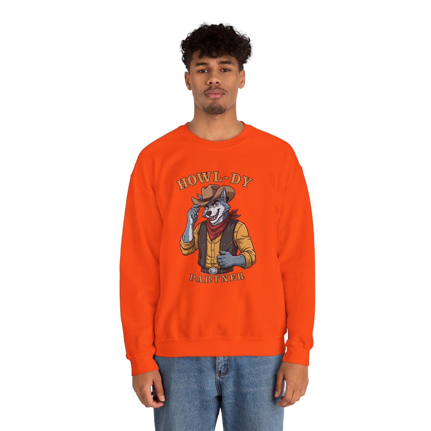 Howl-dy Partner Wolf Sweatshirt, Cowboy Werewolf Halloween Crewneck, Western Spooky Graphic Pullover for Animal Lover Gift Sweatshirt