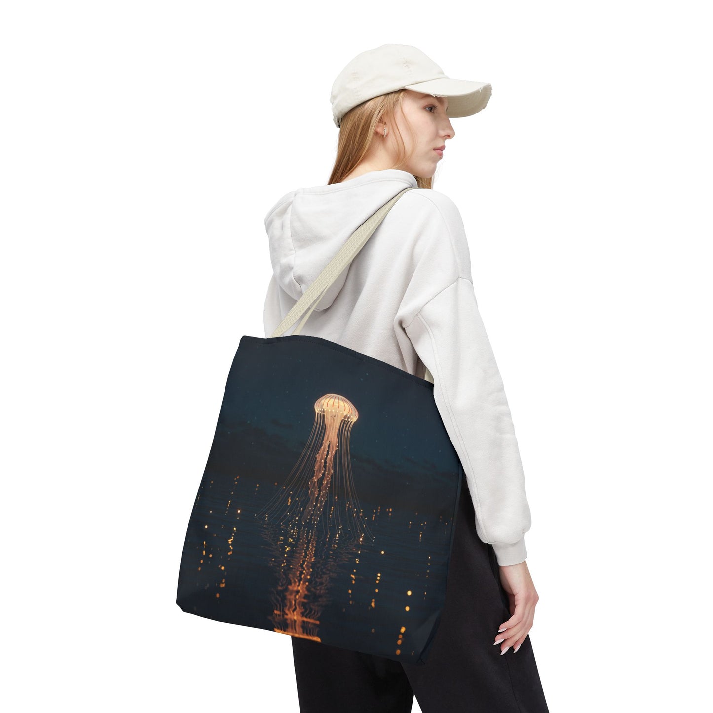 Luminous Jellyfish Tote Bag, Glow-Inspired Ocean Design Shoulder Bag, Durable Polyester Tote For Everyday Style, Gifts, And Coastal Fashion