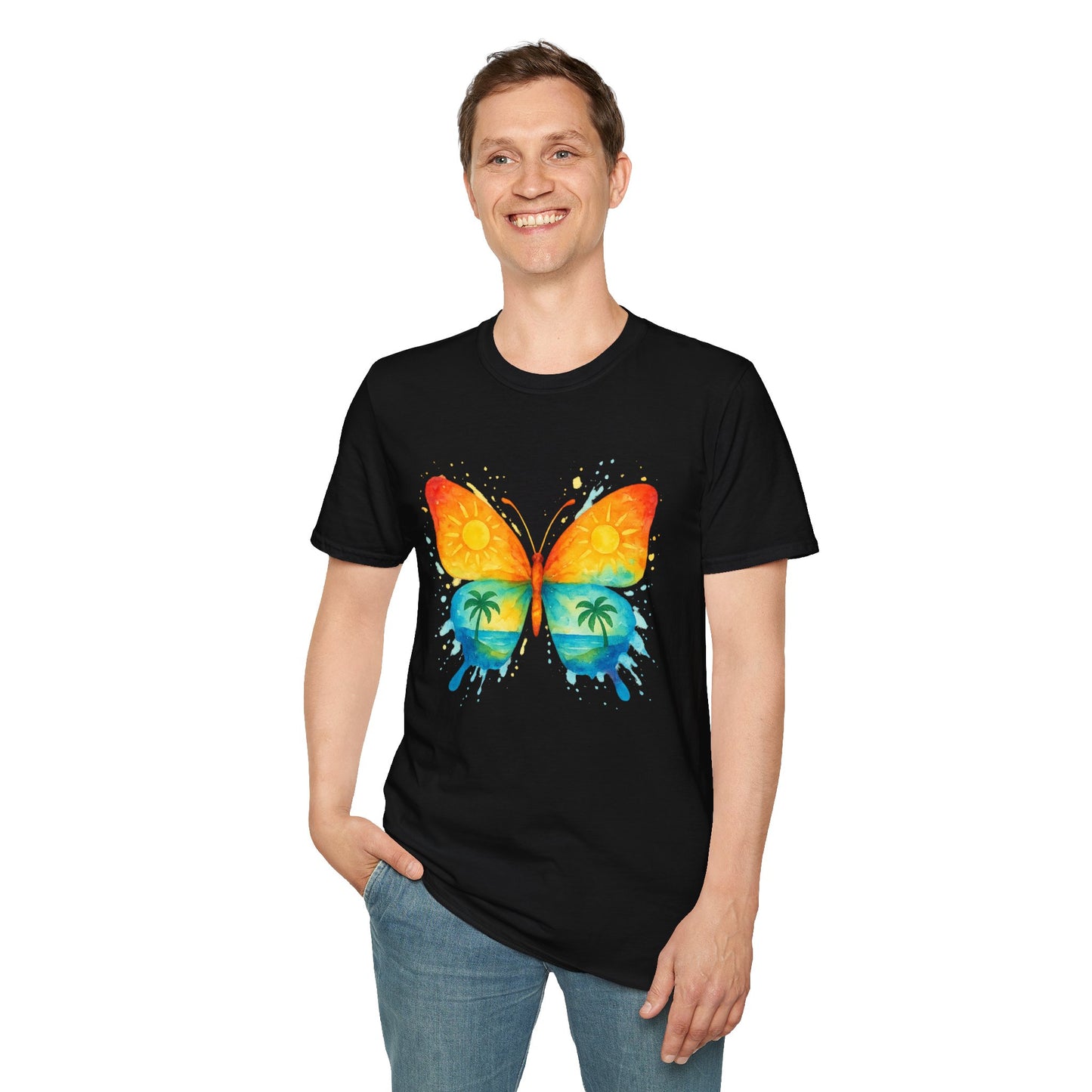 Butterfly Sunset Beach Tee - Ocean & Palm Watercolor Butterfly T-Shirt, Coastal Boho Graphic, Nature Lover Gift, Unisex Casual Tee