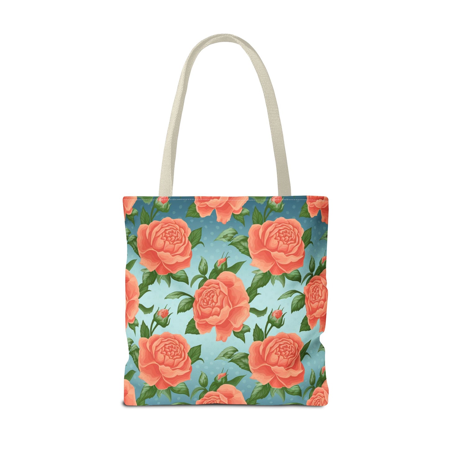 Vintage Floral Tote Bag – Coral Rose Pattern on Blue Background – Aesthetic Everyday Carry Bag – Reusable Fabric Market Tote Gift