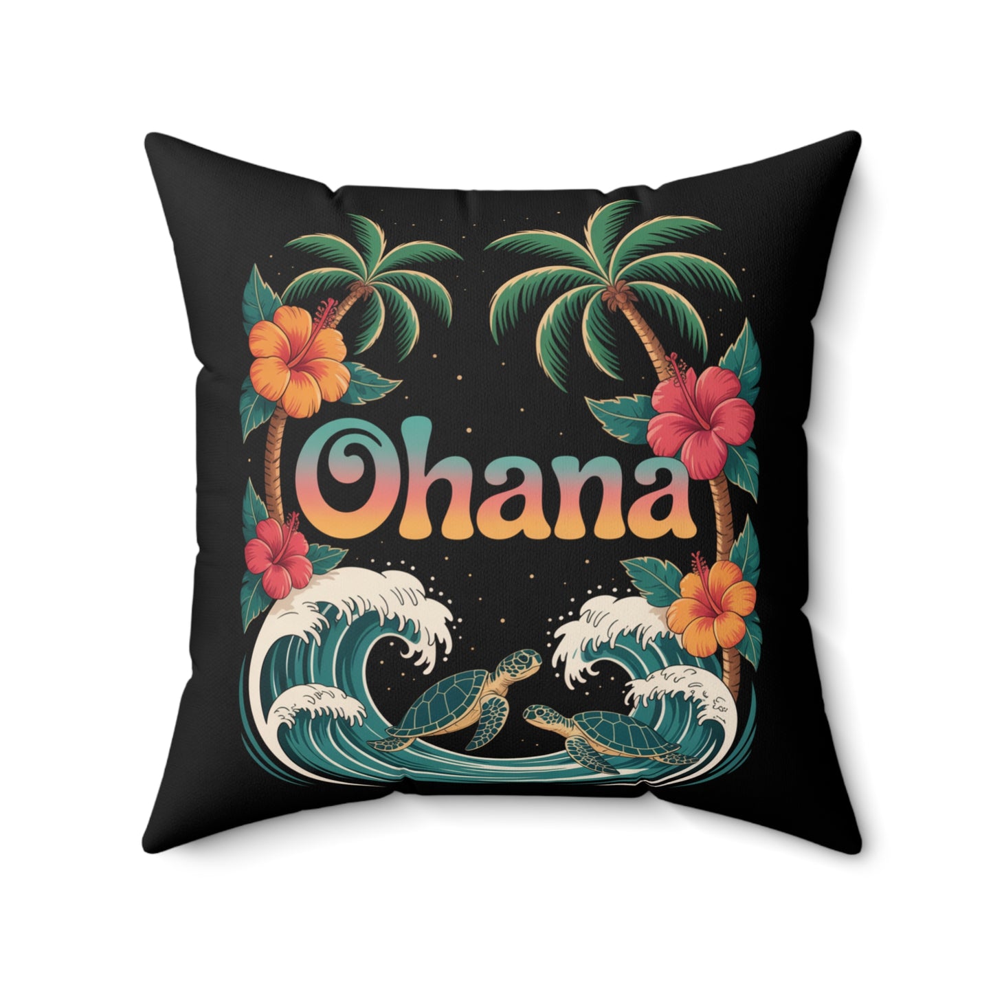 Ohana Pillow Hawaiian Decor | Tropical Throw Pillow with Turtles, Palm Trees & Flowers | Beach Vibes Home Gift Idea