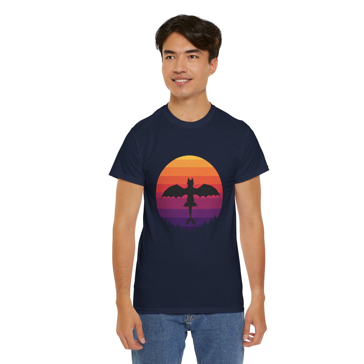 Night Dragon Sunset T-Shirt | Retro Dragon Silhouette Tee | Fantasy Dragon Shirt | Unisex Graphic Tee | Gift for Dragon Lovers