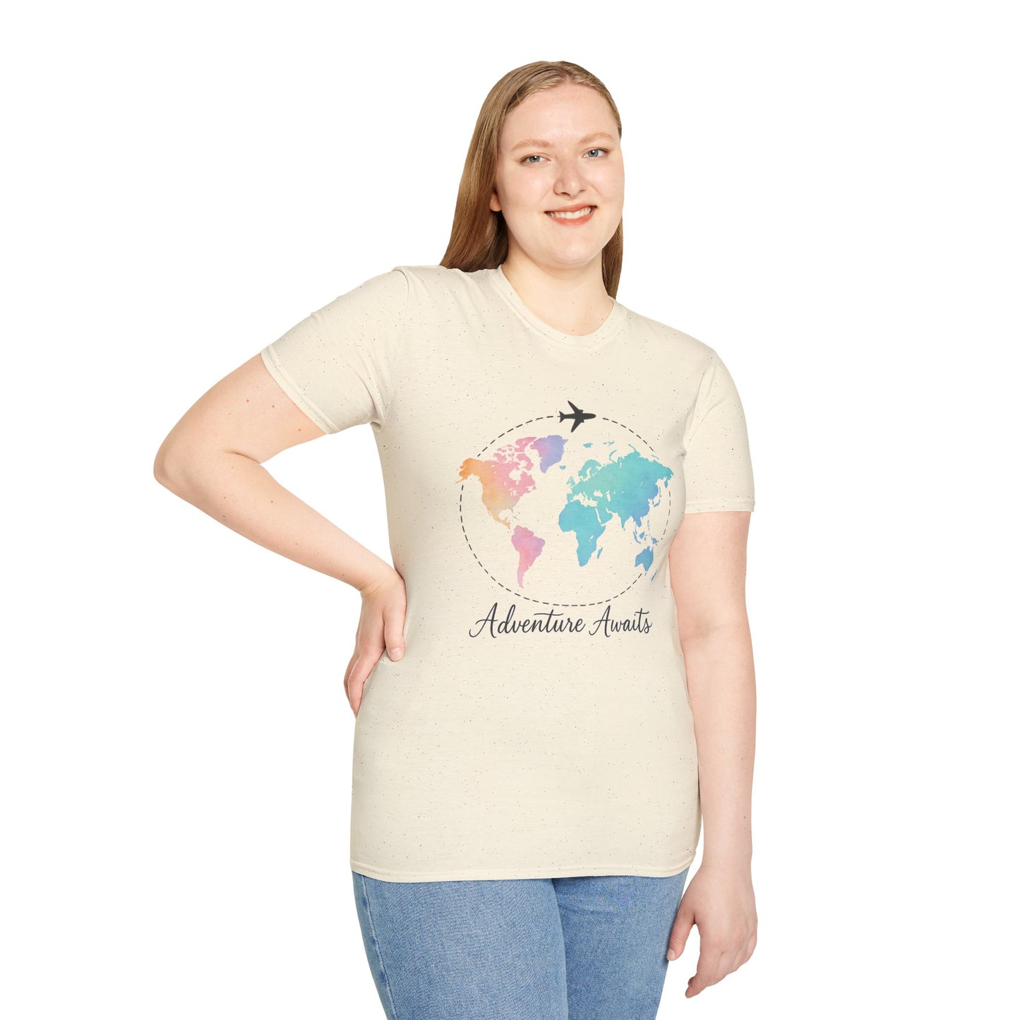 Adventure Awaits Travel Shirt | Watercolor World Map Tee for Women and Men | Wanderlust Gift for Travelers, Hikers, Campers, Beach Lovers