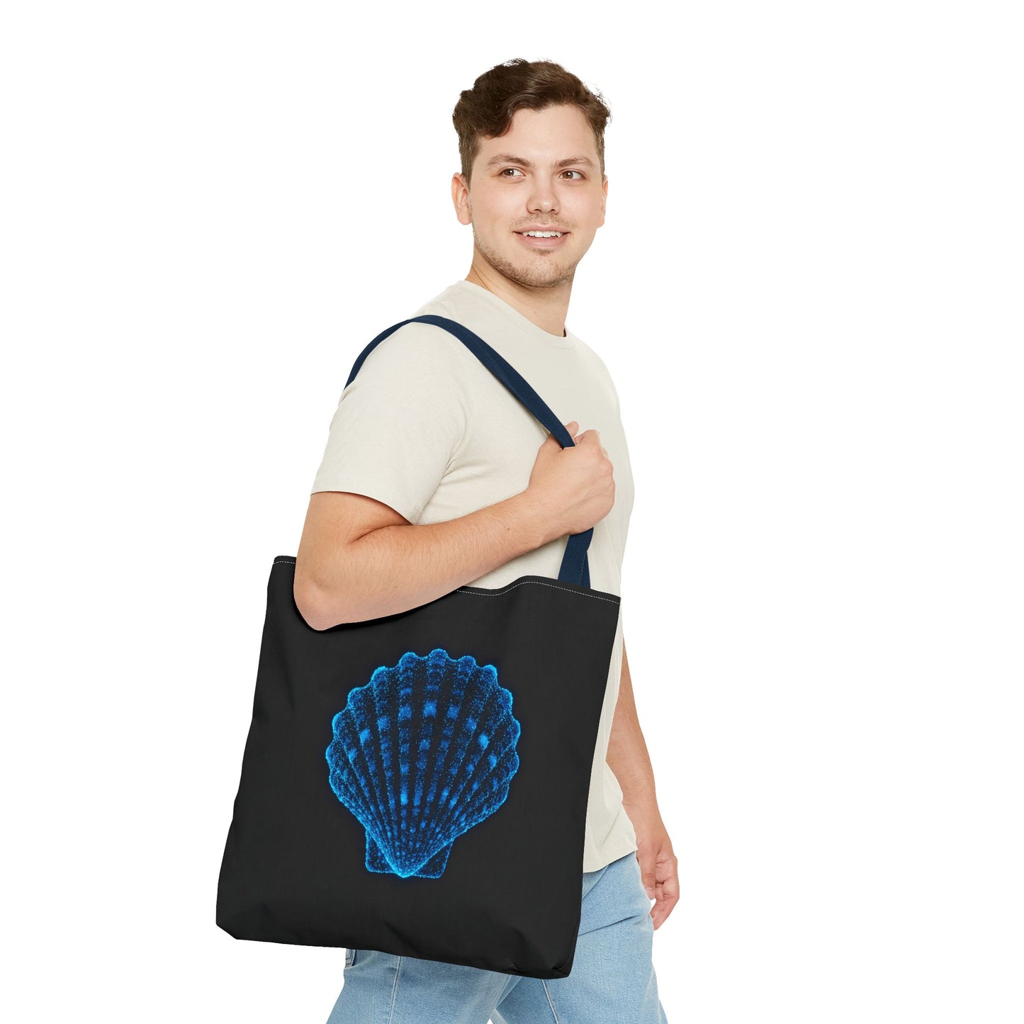 Neon Blue Shell Tote Bag – Digital Scallop Design Canvas Tote, Ocean Tech Art, Minimalist Beach Statement, Reusable Black Shopper Bag