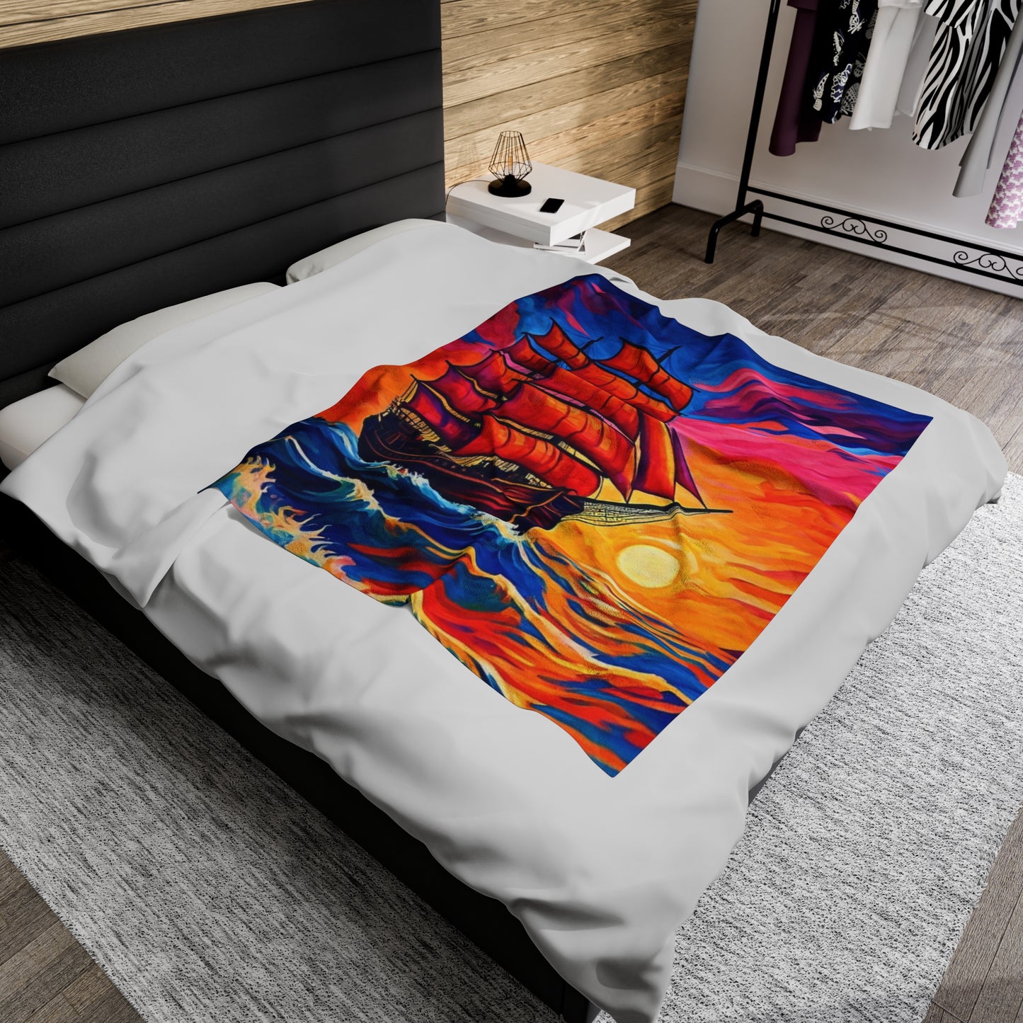 Plush Blanket - Sunset Ship Painting Design