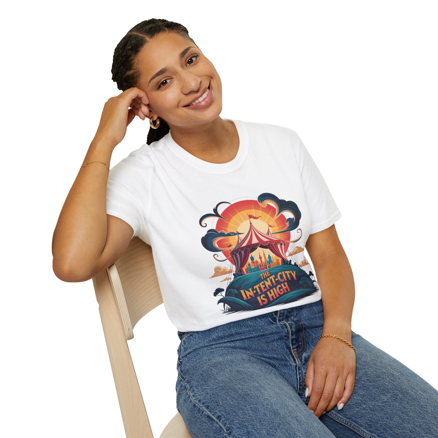In-Tent-City Is High Retro Camp T-Shirt | Vintage Circus Tent + Cityscape Graphic | Funny Outdoors Urban Adventure Tee | Unisex Camper Shirt
