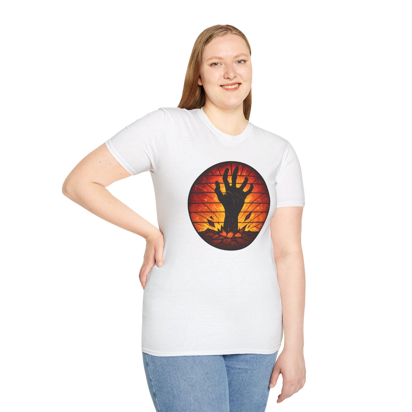 Zombie Hand Sunset T-Shirt – Stained Glass Horror Shirt, Halloween Gothic Tee, Undead Rising Art Tee, Creepy Spooky Shirt for Fall