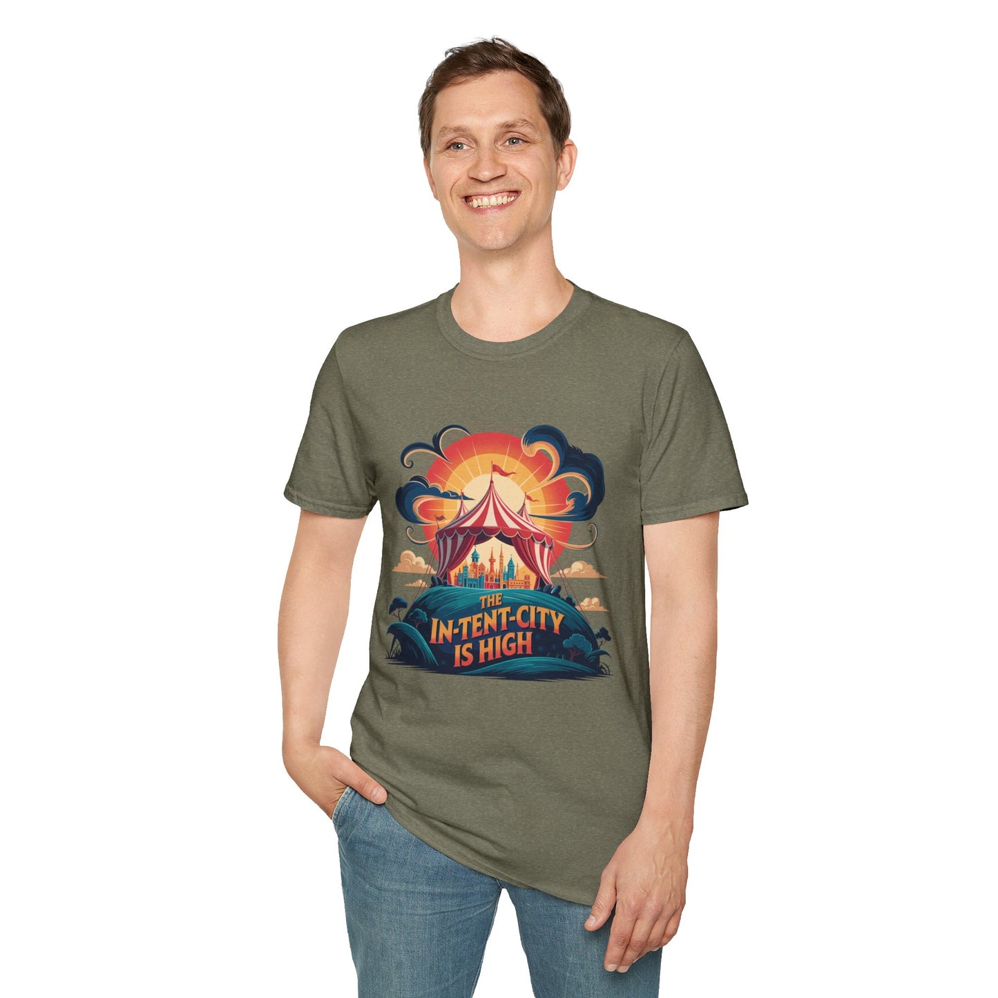 In-Tent-City Is High Retro Camp T-Shirt | Vintage Circus Tent + Cityscape Graphic | Funny Outdoors Urban Adventure Tee | Unisex Camper Shirt